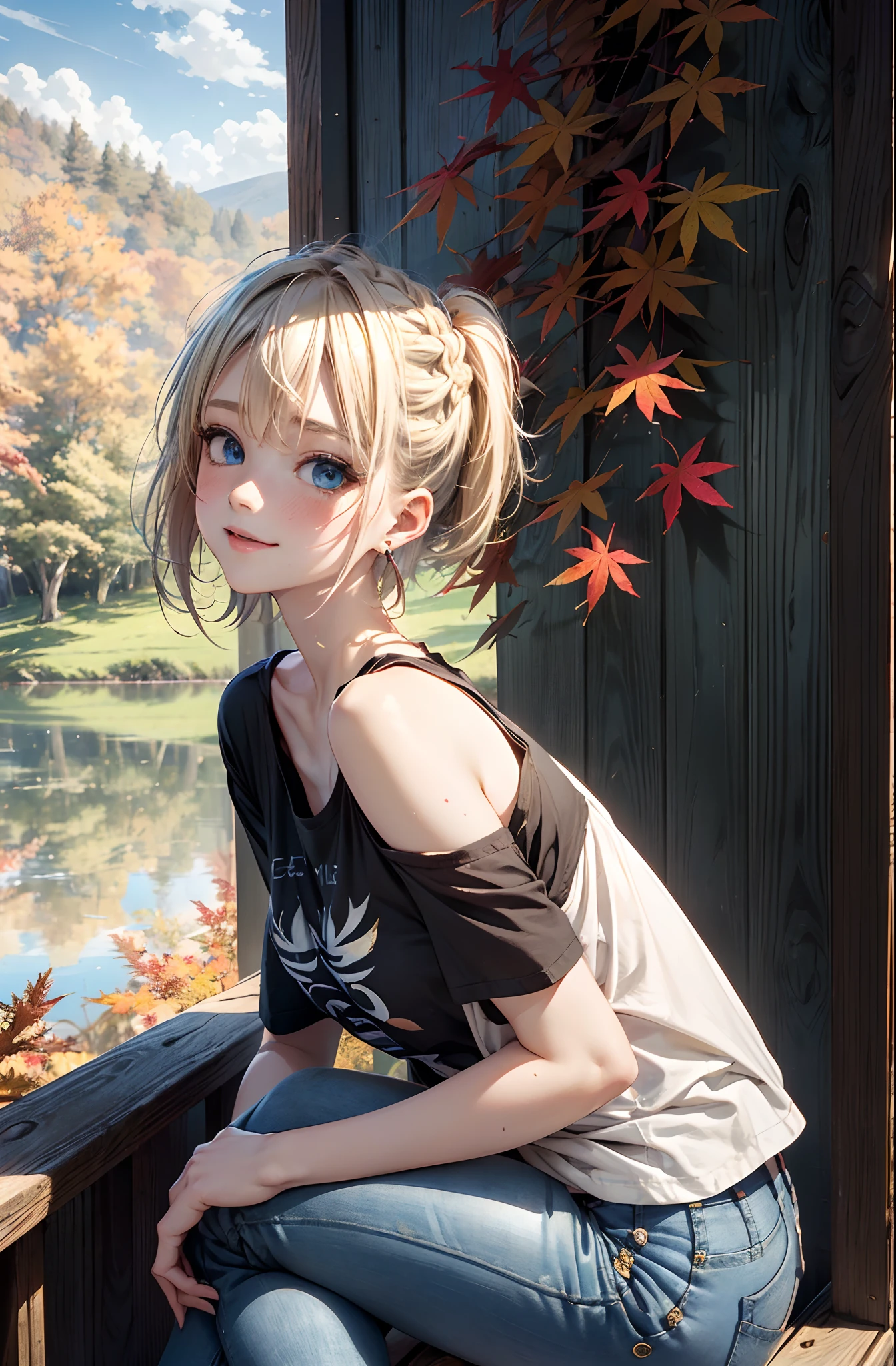 absurderes, ultra-detailliert,bright colour, (1girl in:1.4),(Very beautiful autumn foliage trees and lake:1.5),extremely beautiful detailed anime face and eyes,(happy smail:1.7),asymmetrical bangs, (short twin-tailed blonde hair:1.5), Shiny hair,(From Side:1.5),Blue_skyporn, built, cliff, ​​clouds, cloudy_skyporn, tag, the woods, Grassy,lens_f lare, mont, naturey, plein air, Tree Road, landscapes, Skysky, Sunlight,The tree, tree_Shade, Eau, (Tight jeans:1.3), (Black Design Long T-Shirt:1.4), (Dr. Martens:1.2),(Sit down and paint a landscape:1.4),(Deep Blue Eyes:1.3),depth of fields, Delicate beautiful face, red blush、White skin, hair clips, earrings,