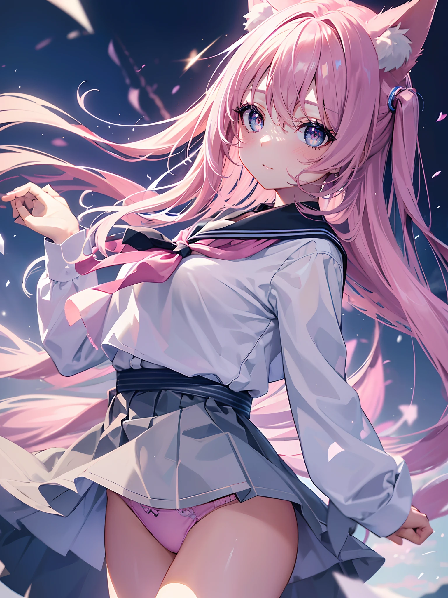 (masutepiece, Best Quality, Ultra High Resolution),1girl in, beautiful and detailed face, Detailed eyes,Pink school uniform,dog ears,Pink hair,((Gray and Blue theme)),Night,((I can see panties))