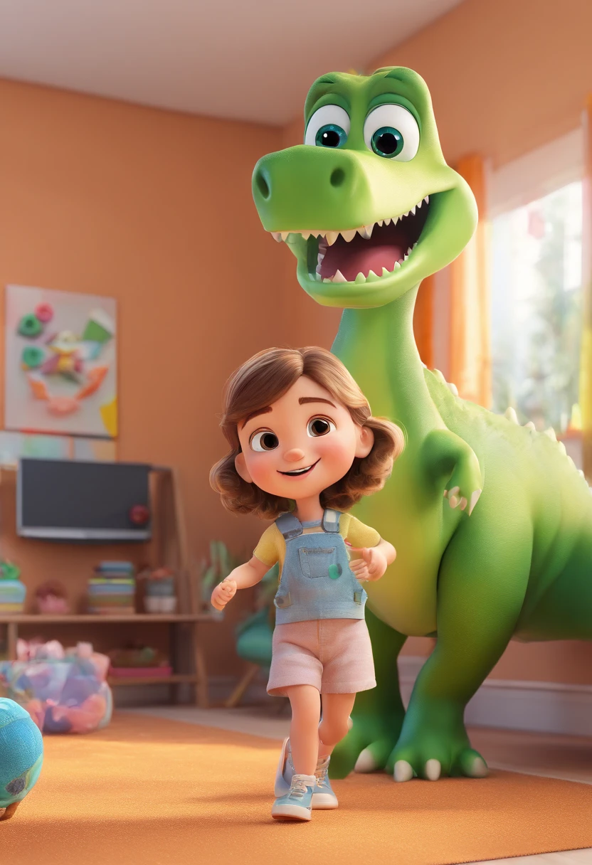 Estilo Pixar: A 2 year old girl who likes dancing with brown eyes, light brown hair, smiling, holding in her hand a green color dinosaur Rex sitting in the living room of the house next to flat screen TV, 3D Poster,Disney