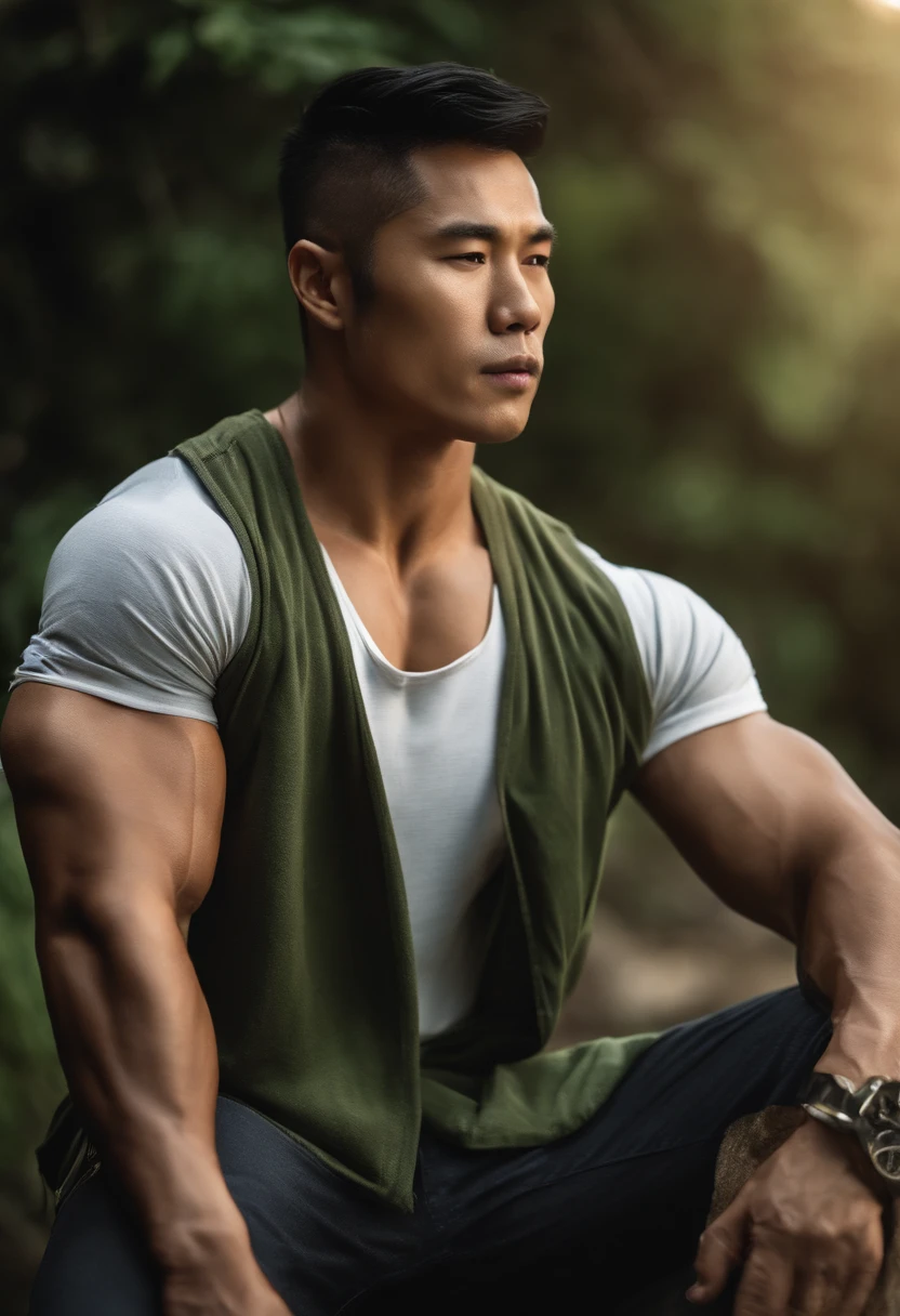 Naturaleza,( A muscular Asian man, guapo, Grande ) , Un perro