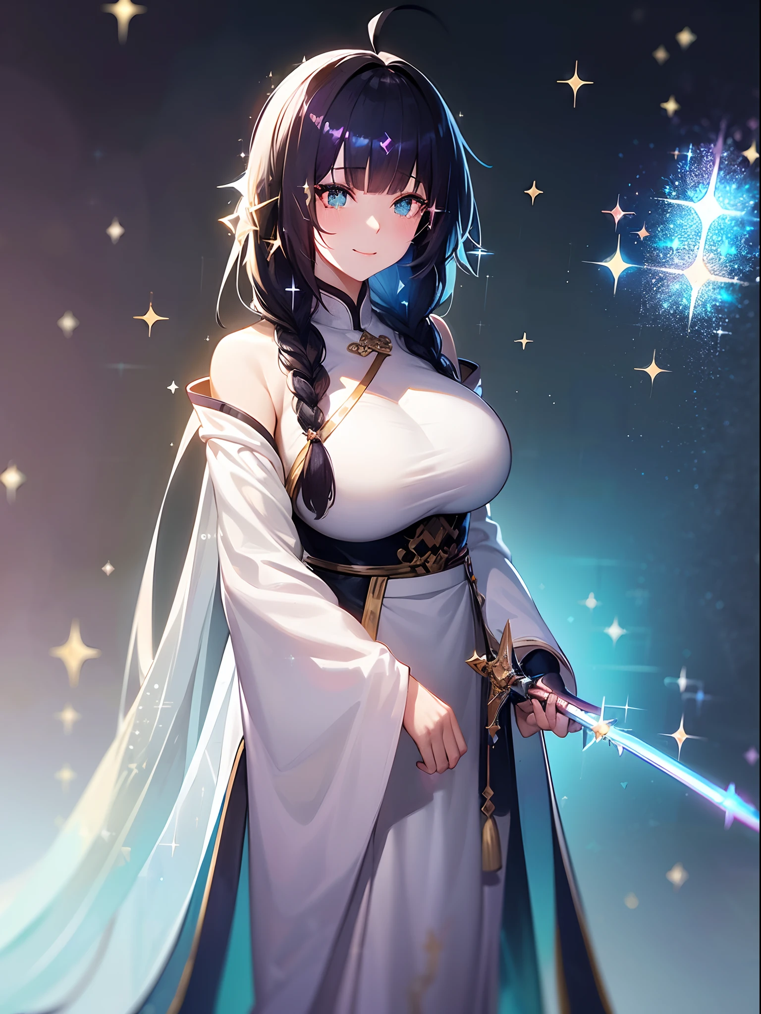 Close up portrait of woman holding sword in white dress, a character portrait by Yang J, Trending on CGSociety, Fantasy Art, beautiful character painting, artwork in the style of guweiz, guweiz, white hanfu, flowing white robes, Full body Wuxia, epic exquisite character art, Stunning character art, beautiful female assassin  ,{{masutepiece, Best Quality, extremely details CG, Unity 8k壁纸, Cinematic lighting}},(sparkles:1.9), (Iridescent:1.6), standing, (full body:1.2),black hair,braid pony tail,ahoge,kindly smile,(huge bust:1.3)