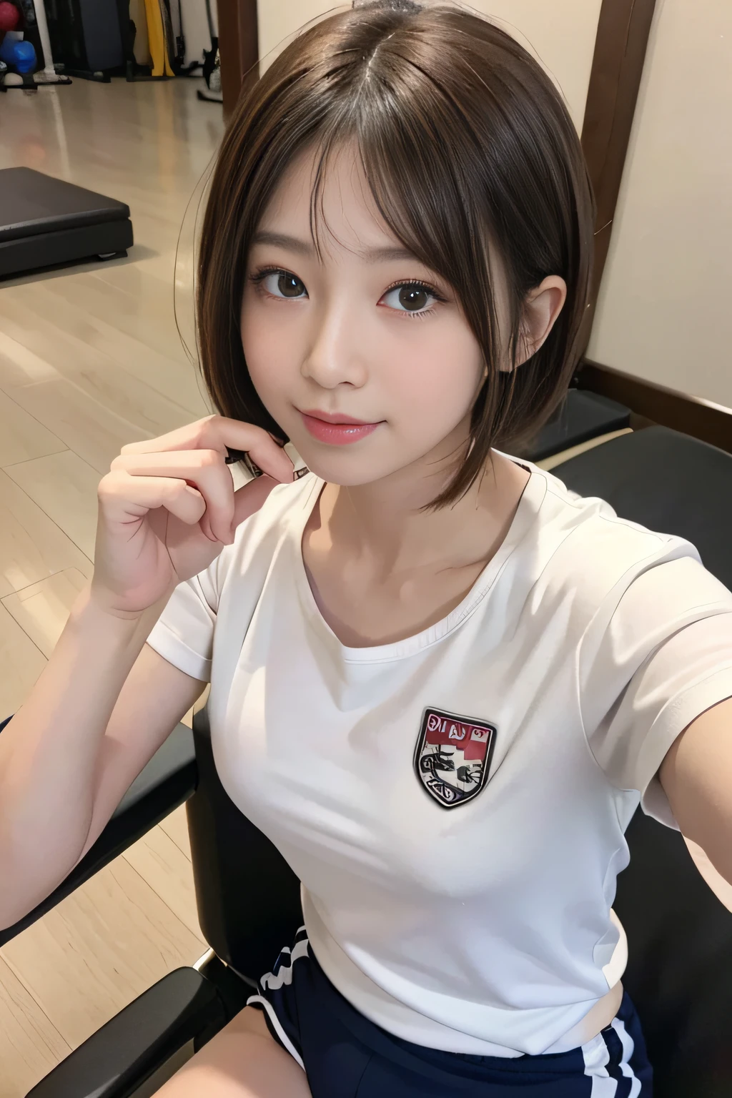 Cute 21 years old Japan、Super Detail Face、Eye of Detail、二重まぶた、beautiful thin nose、foco nítido:1.2、prety woman:1.4、(light brown hair,Shortcut Hair, ),fair white skin、top-quality、masterpiece、超A high resolution、(Photorealsitic:1.4)、sports gym、Training room、trainingwear、