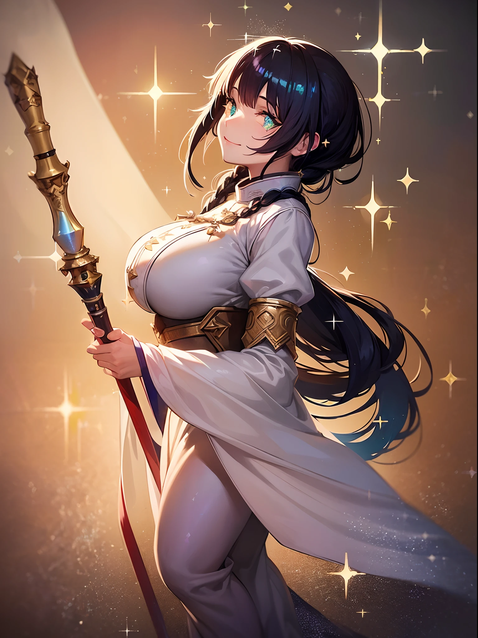 master piece,best quality,(super detail),perfect writing, Highly detailed CG,Super detailed,(highly detailed eyes,very cute face,highly detailed face:1.3),beautiful anime girl,(solo girl),(super huge breasts:1.9),(black hair,short hair,2 side up:1.5),(big yellow eyes:1.1),(low length),jitome,(happy smile),open your mouth wide,break,(wizard costume,White Wizard Robe,White Wizard Tunic:1.5),mini skirt,Red jewelled ribbon tie,bear shoulder,bell sleeve,golden decoration,Blue embroidery,gold hair ornament,White Thigh Socks,Absolute area,Multiple small pouches,leather belt,big magic wand,god々new light,intense magic effects,cobblestone road,medieval castle town,Are standing,(dynamic pose,dynamic angle,cowboy shot:1.2)