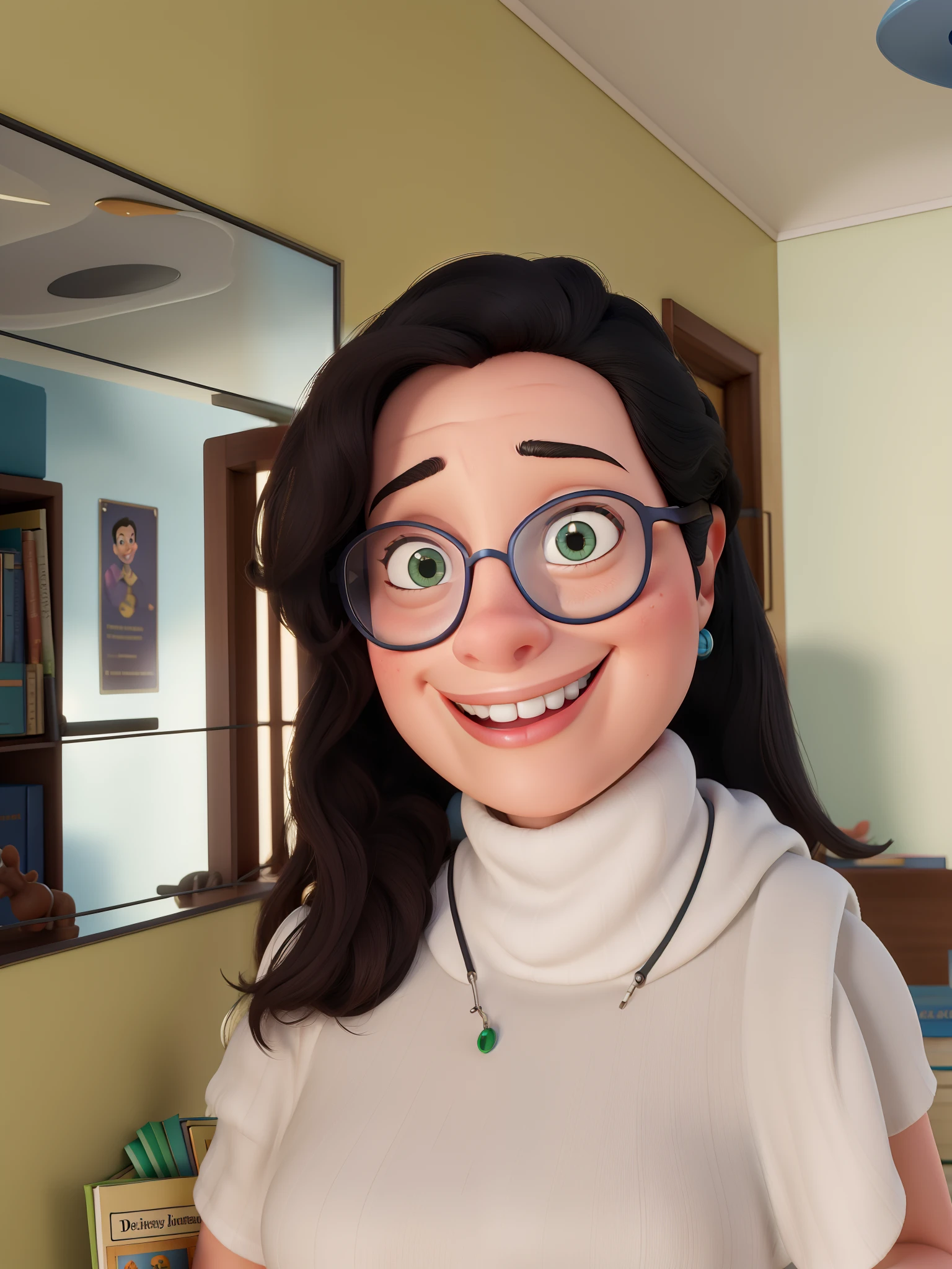 Personagem da Disney pixar, uma mulher branca, sorridente, wearing goggles, em uma biblioteca segurando um livro