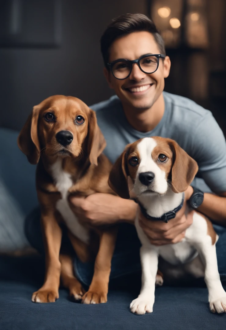 Pixar. Casal com um filhote de cachorro beagle marrom. A menina tem os cabelos loiros amarrados, Camiseta cinza e jeans claro, white glasses. O menino de cabelos pretos com cabelos grisalhos, barba pequena, oculos, Dark blue jeans and gray t-shirt. They are both smiling and are 40 years old