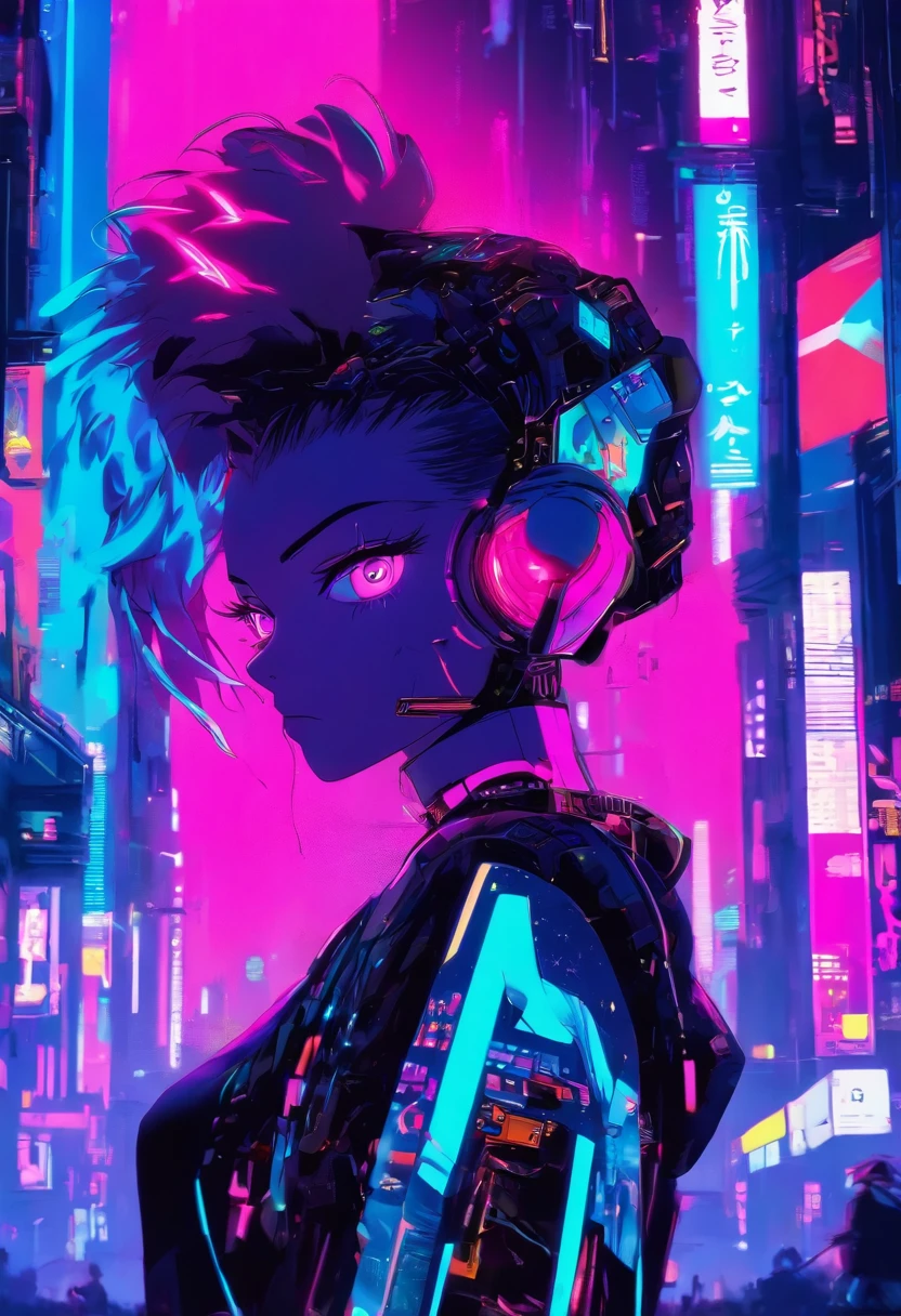 Modelo cyberpunk posando em uma cidade neon, zooglefloodle, arte synthwave, Futurismo, Arte Pop, pintura digital, arte do rabisco, amaranto, Ciano, prata, preto, Neon light, Elegante, geomerty, Tilted angle, Cinematic lighting, fortemente estilizado, Cyberpunk, Perspectiva vanguardista