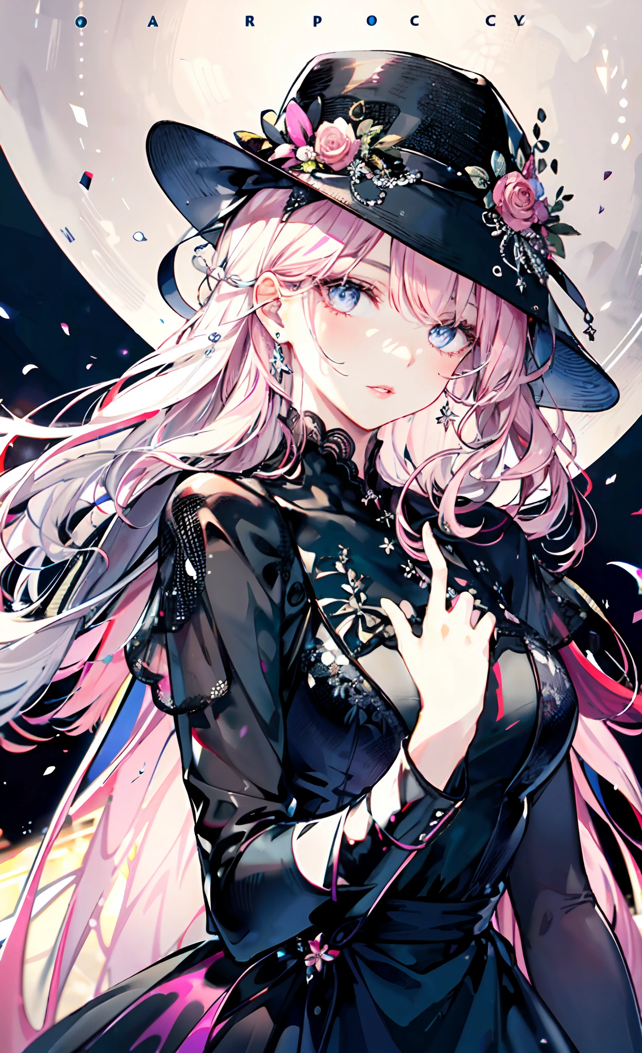 In-depth depiction of the face，1 Lady，a matural female，Black Dress Long Dress，(Pink White Long Hair)，Dark night background，prom，  face perfect， perfect hand， Perfect Finger， Perfect lips， perfect  eyes， Perfect background