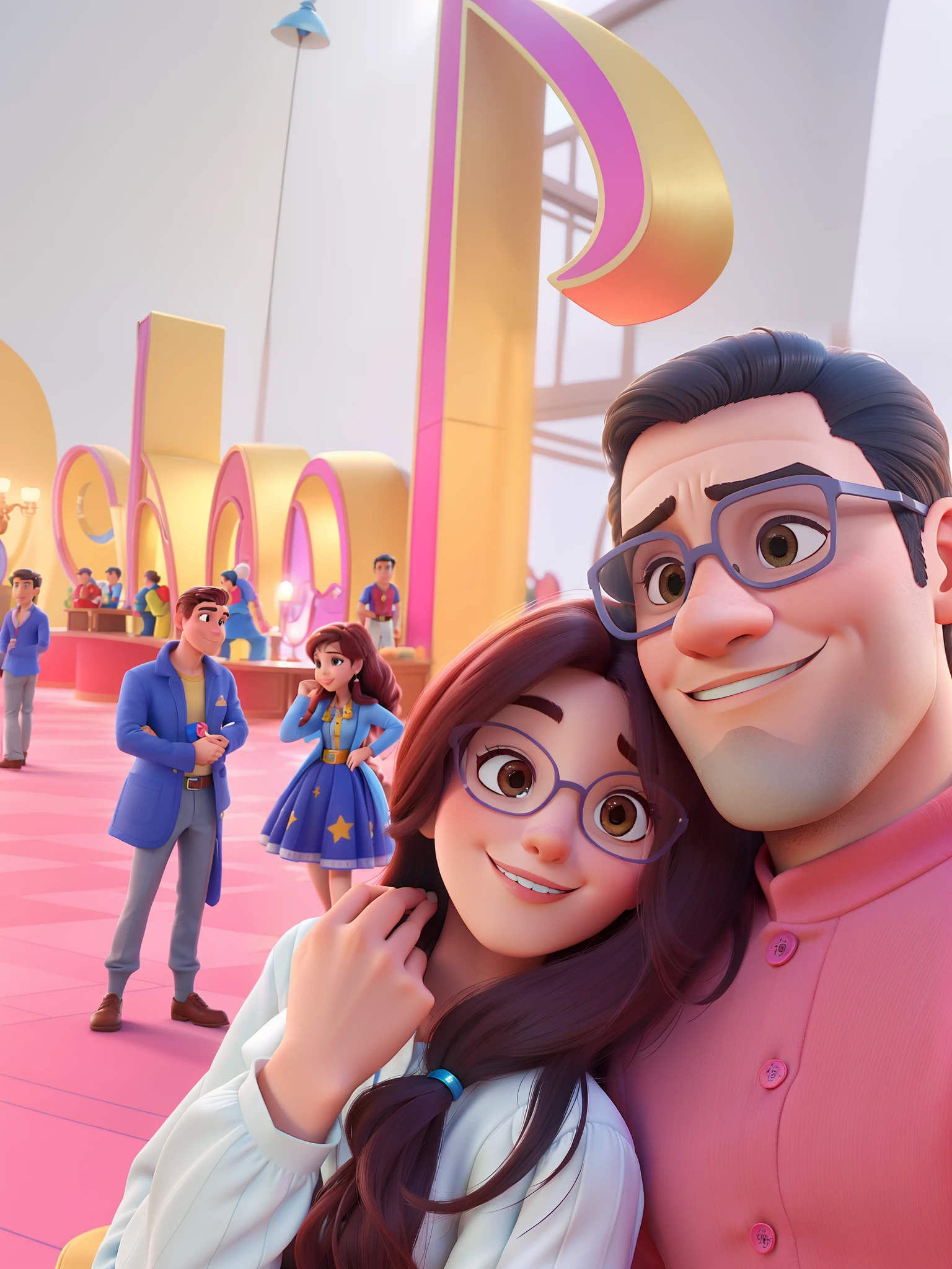 Casal (homem moreno e mulher branca) no estilo Disney Pixar, alta qualidade, melhor qualidade.