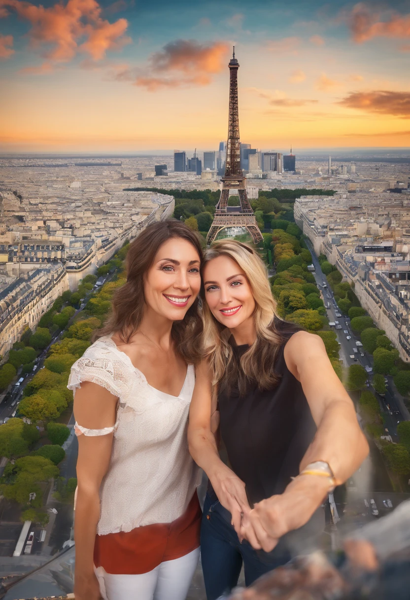 Casal, mulher com 31 anos e homem de 36 anos em foto selfie, em Paris, em cima da torre eiffel, com vista panoramica da cidade