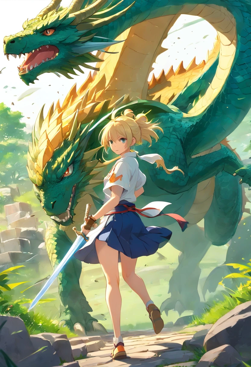 Female character carrying a sword fighting a dragon,The image must be generated from behind the character so that you can see her entire body and in front of her the dragon, The golden dragon with some scars, The environment consists of a lawn and stones, tanya, short blonde hair with ponytail,