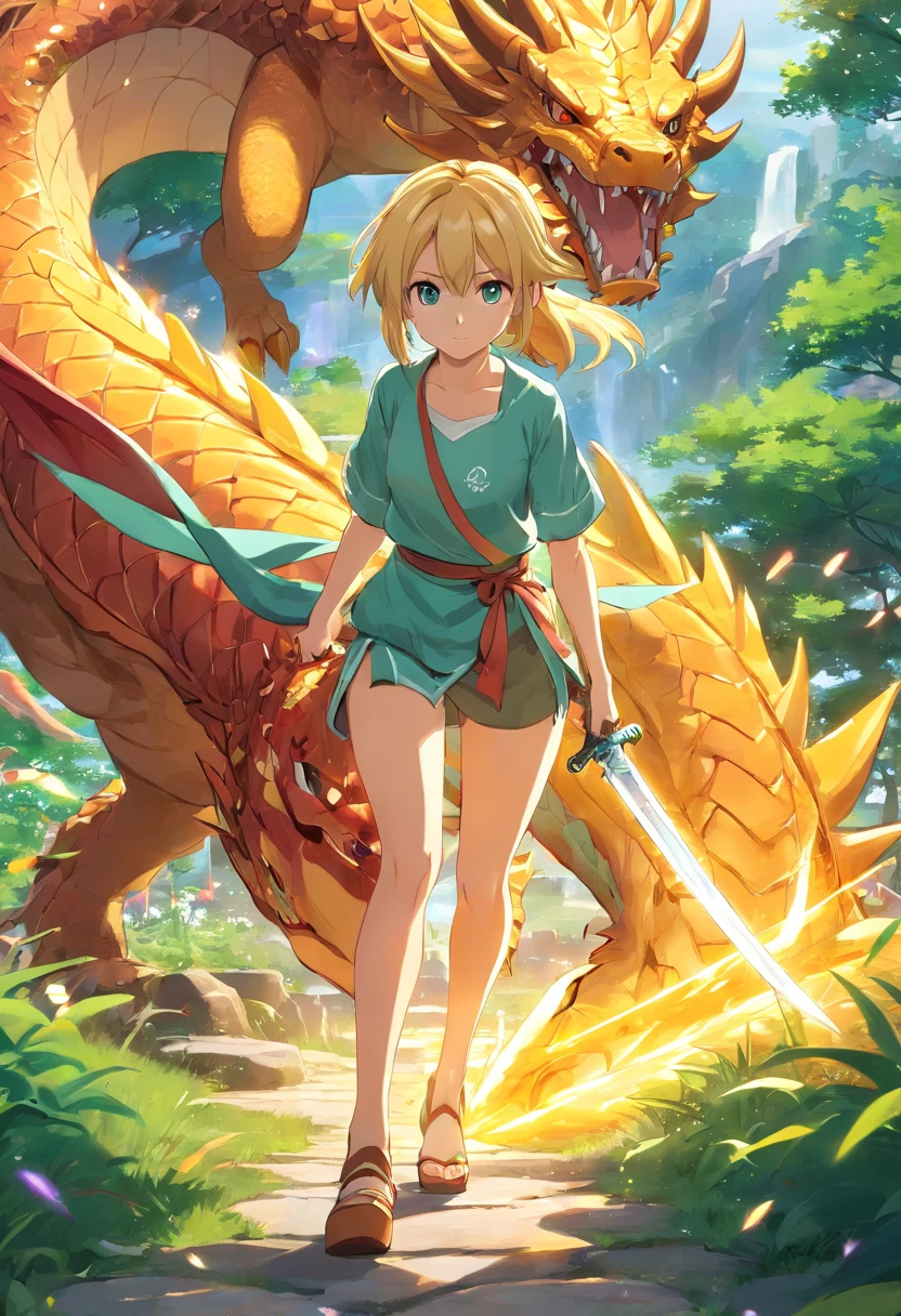 Female character carrying a sword fighting a dragon,The image must be generated from behind the character so that you can see her entire body and in front of her the dragon, The golden dragon with some scars, The environment consists of a lawn and stones, tanya, short blonde hair with ponytail,