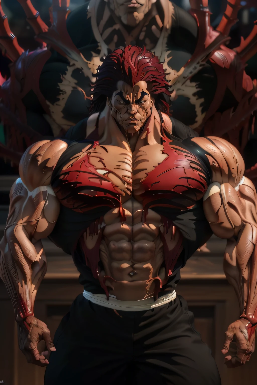 Yujiro Hanma, red hair, see viewer, (carnage physique:1.5), (covered in thick muscle suit:1.5), (exposed perfect anatomy:1.5), (carnage muscle anatomy:1.5), high detail, best quality, masterpiece, finely detail, realistic skin texture, 85 mm art lens, f 1.2, sharp focus, 8 k high definition, insanely detailed, intricate, snow background