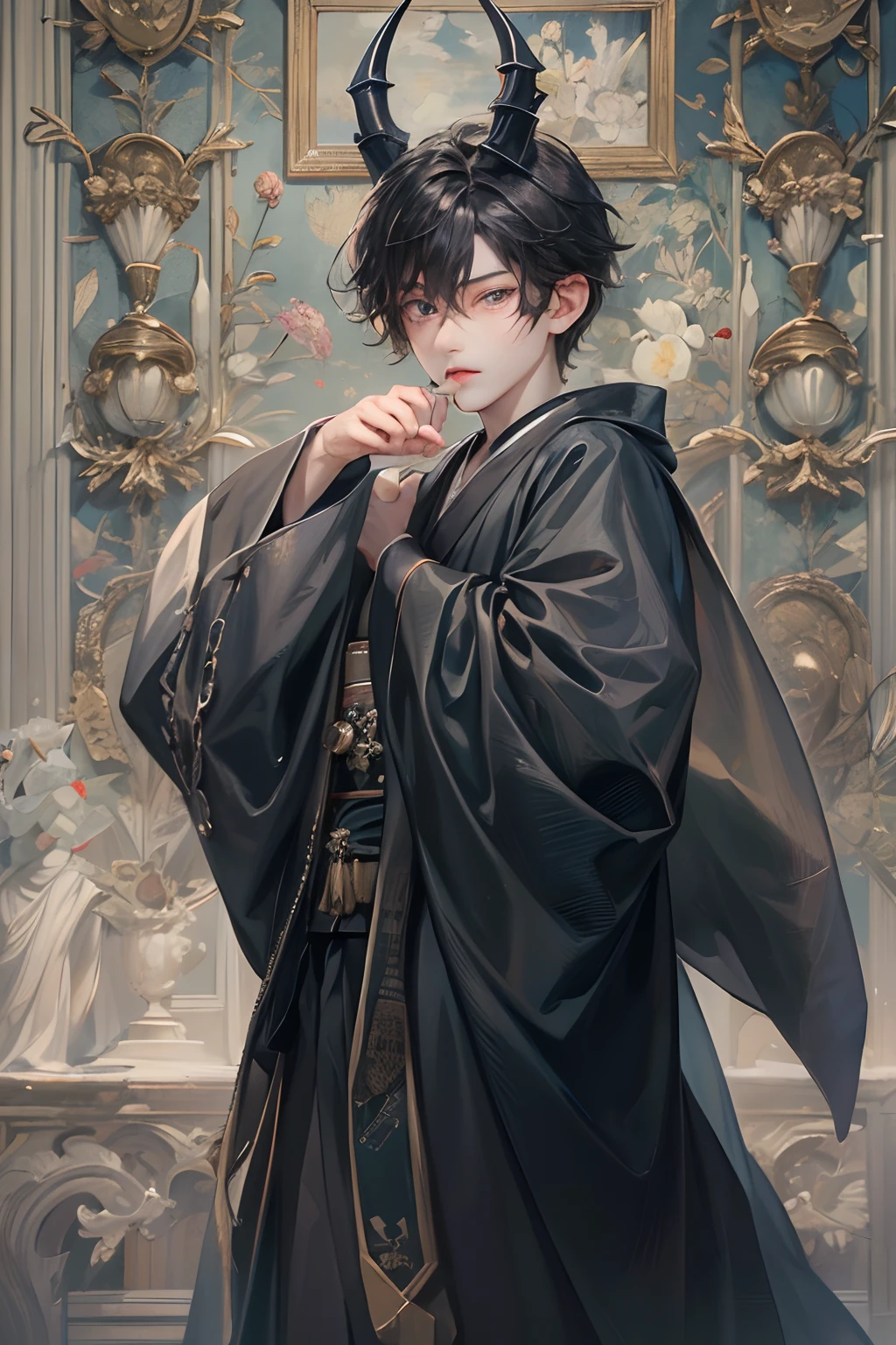 (absurdres, highres, ultra detailed, HDR), masterpiece, best quality, 1 boy , , short black hair, handsome face, wearing simple black long robe, anime eyes, simple background, detailed face, floating horns