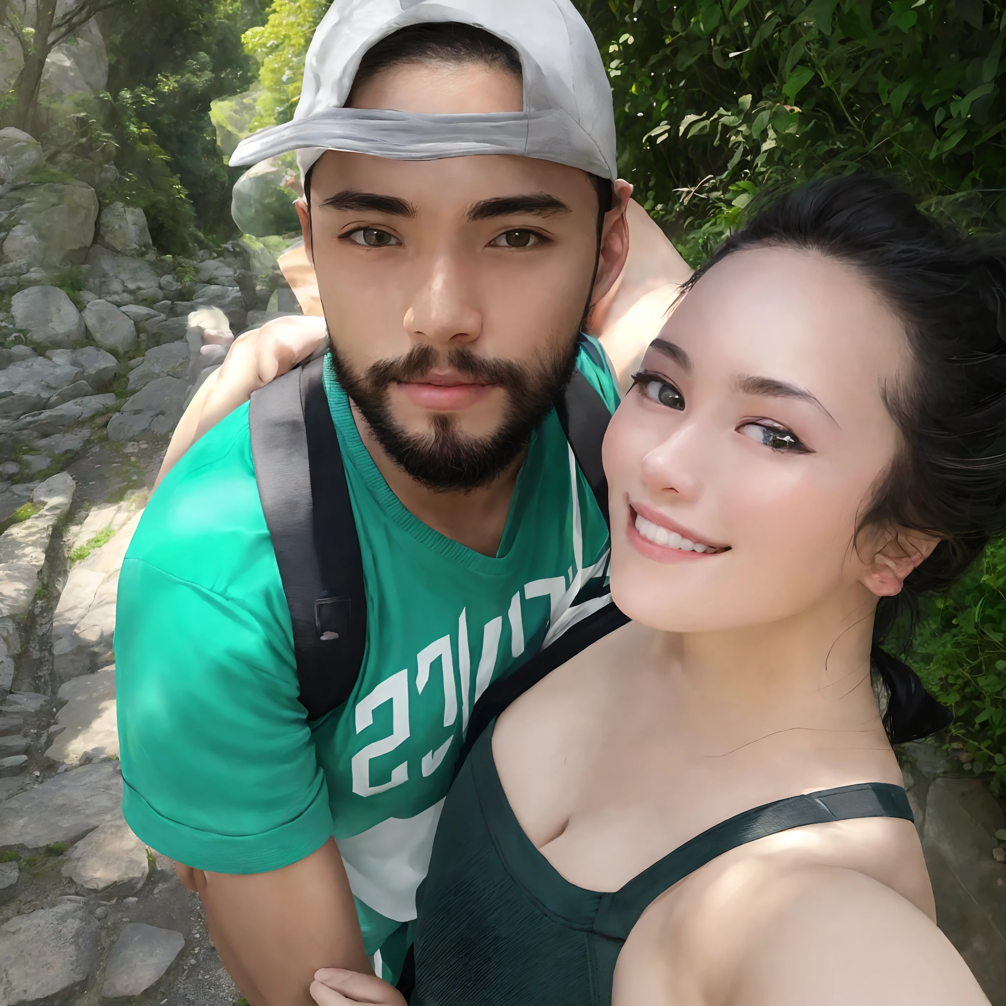 there is a man and woman posing for a picture together, Tyler Edlin e Natasha Tan, vacation photo, foto do perfil, vestindo verde, Jordan Grimmer e Natasha Tan, divertindo-se, Casal feliz, Karolina Cummings, vestindo roupas verdes, Me ajuda, em uma ponte, trees in the background, belos arredores, selfie shot straight on angle