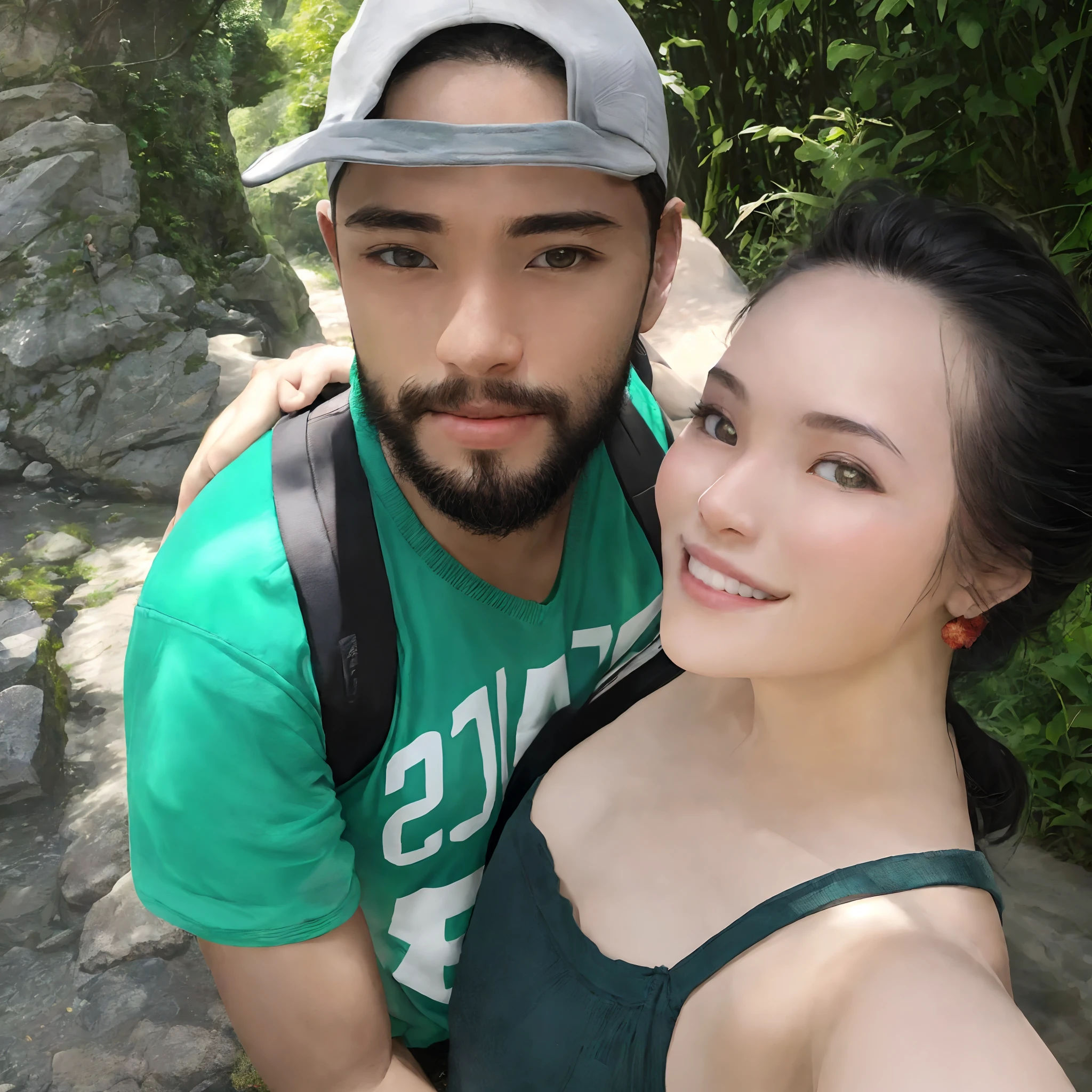there is a man and woman posing for a picture together, Tyler Edlin e Natasha Tan, vacation photo, foto do perfil, vestindo verde, Jordan Grimmer e Natasha Tan, divertindo-se, Casal feliz, Karolina Cummings, vestindo roupas verdes, Me ajuda, em uma ponte, trees in the background, belos arredores, selfie shot straight on angle