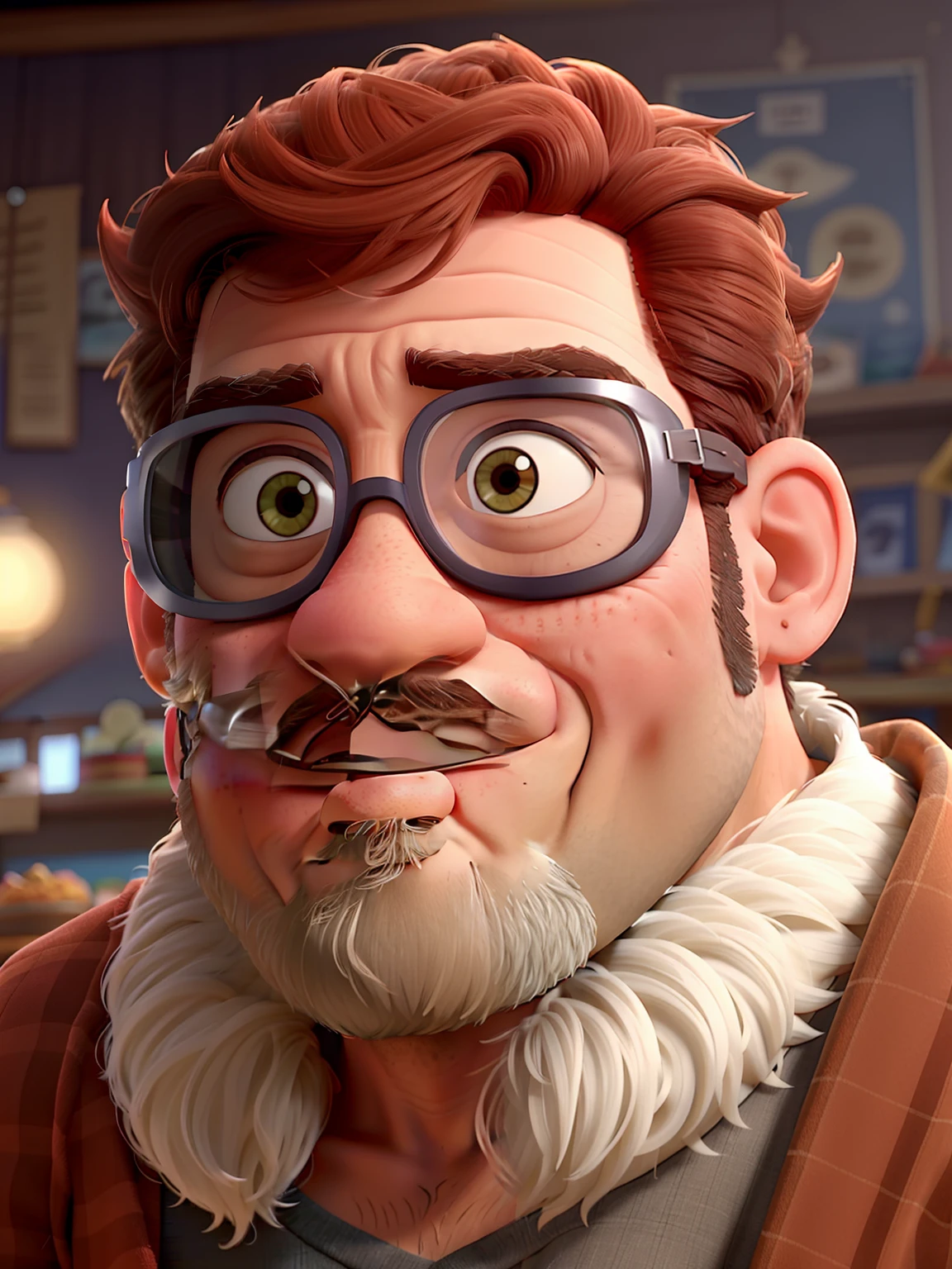 homem moreno 65 anos barba curta grisalha, cabelos grisalhos, calvo, Sobrancelhas Grossas, wearing goggles, Pixar Style Poster