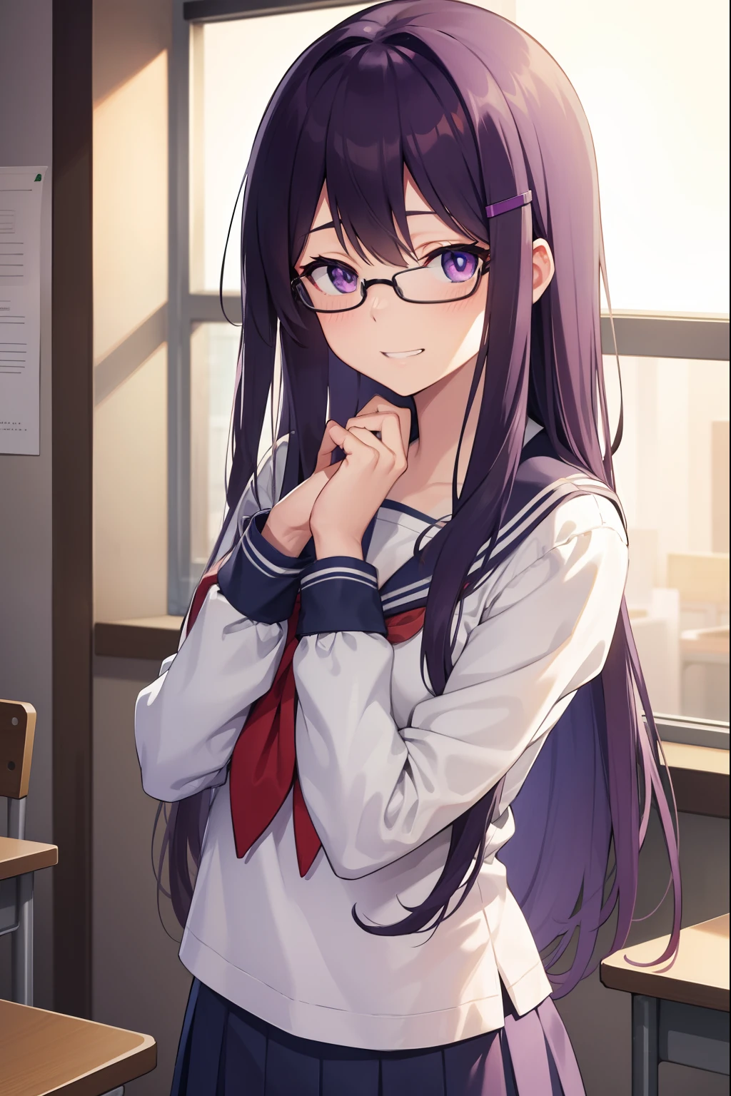 ddlcyuri, ddlcyuri, hair ornament, hairclip, long hair, (purple eyes:1.1), purple hair, grin, Shy, blush, hair over eyes, (Black glasses)
BREAK blue skirt, longe skirt, white sailor uniform
BREAK looking at viewer,
BREAK indoors, classroom,
BREAK (masterpiece:1.2), best quality, high resolution, unity 8k wallpaper, (illustration:0.8), (beautiful detailed eyes:1.6), extremely detailed face, perfect lighting, extremely detailed CG, (perfect hands, perfect anatomy),