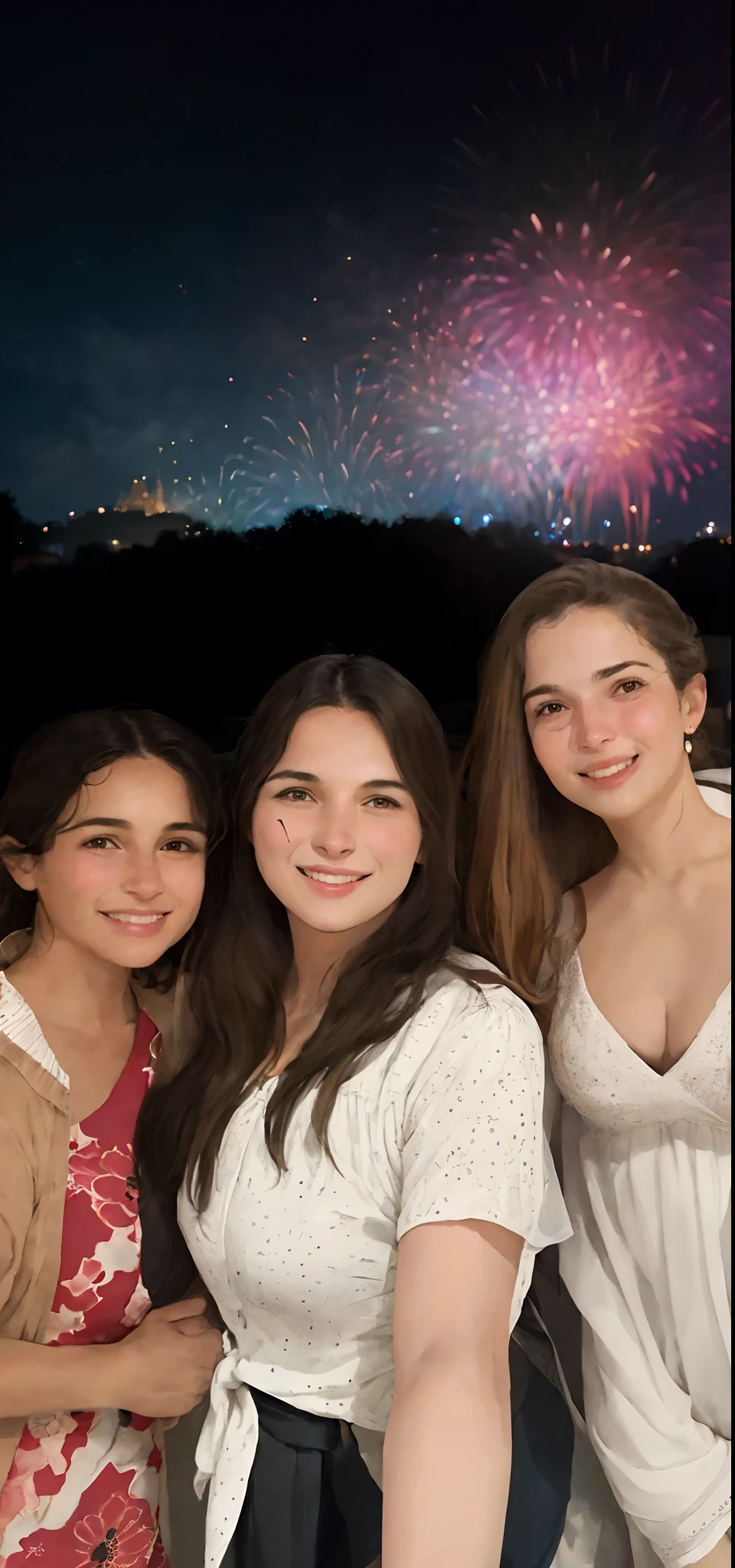 Three women together in front of a fireworks display, fireworks in the background, Directed by: Nandor Soldier, 3 5 year brazilian mother, imagem de perfil, Malika Favre, Fireworks on the background, fireworks, divertindo-se, by Maria Helena Vieira da Silva, by Amelia Peláez, In Sao Paulo, Quarta de Julho