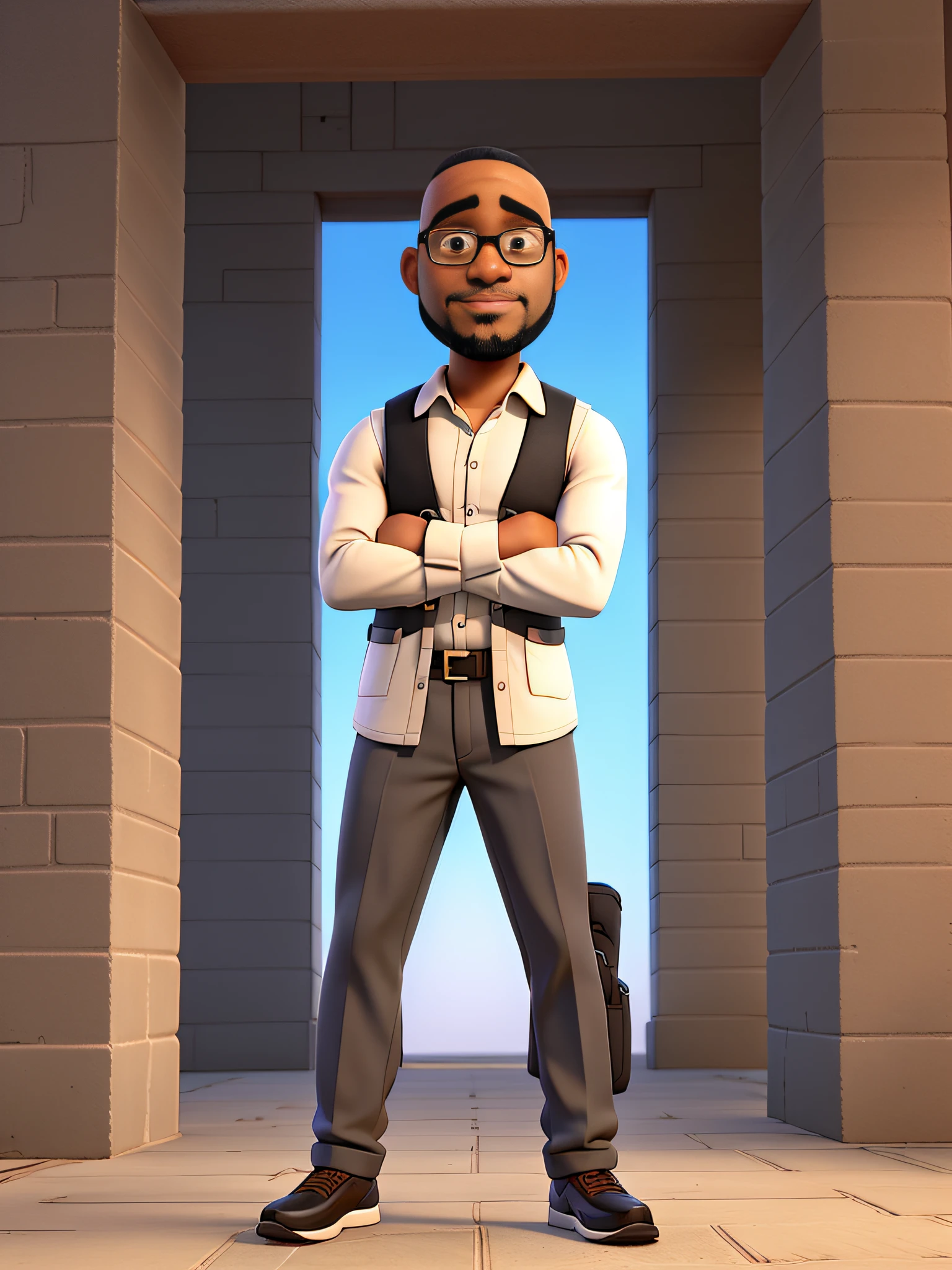 A bald bearded 32-year-old black man in glasses with his arms crossed