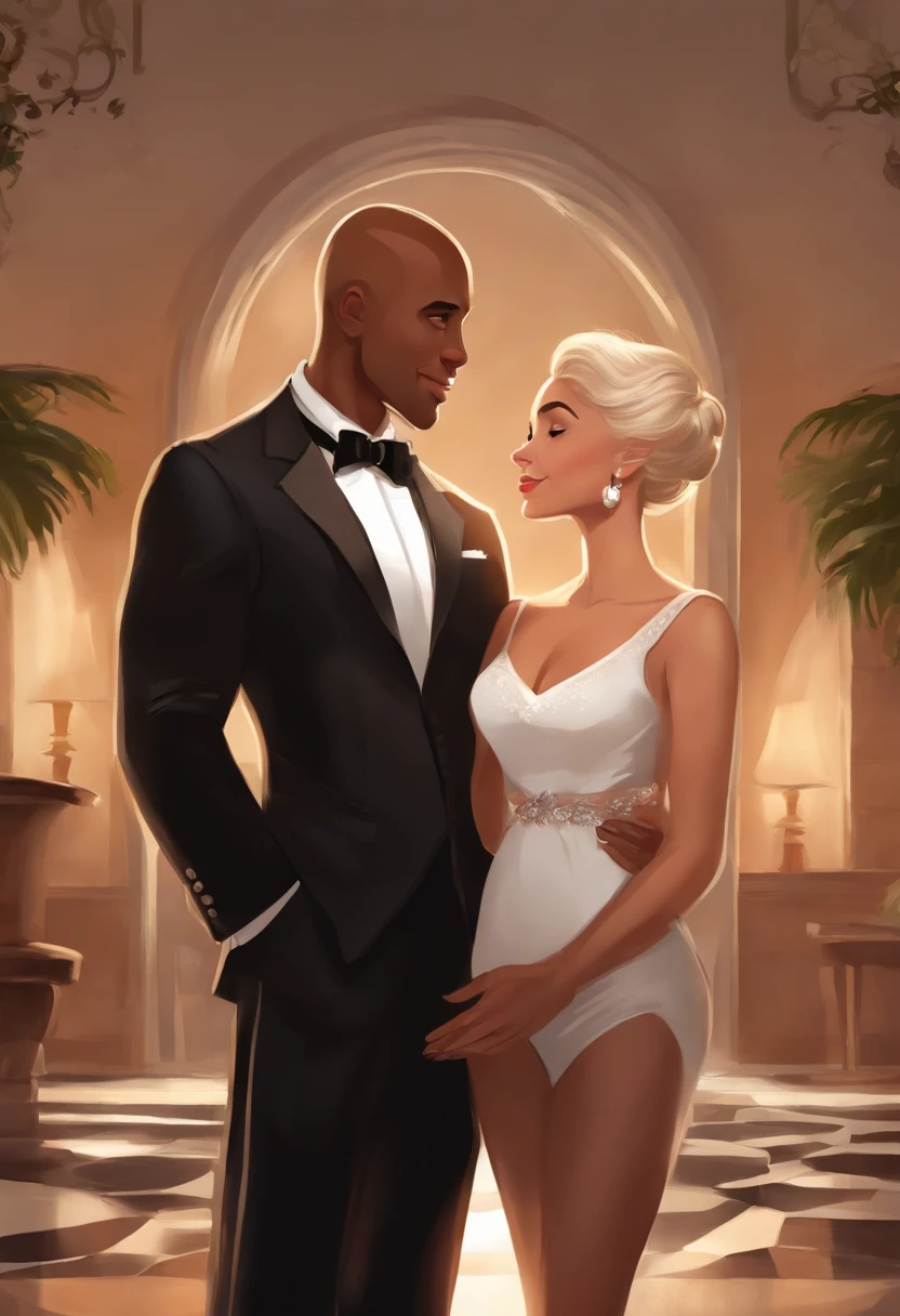 An illustration of an adorable couple, highlighting a man and a woman with beautiful, expressive eyes - the man's skin is brown and the man's hair is bald and black, while the woman's skin is white and the woman's hair is short and smooth and blonde. They are a bright room, each with a smile on their face, and sharing a special moment characterized by love, and educational insights. Illustrate this scene from a perspective where they are facing away from the camera, showing their connection. Develop this art in Full HD, Focus on your cinematic touch, Disney Pixar Animations Style