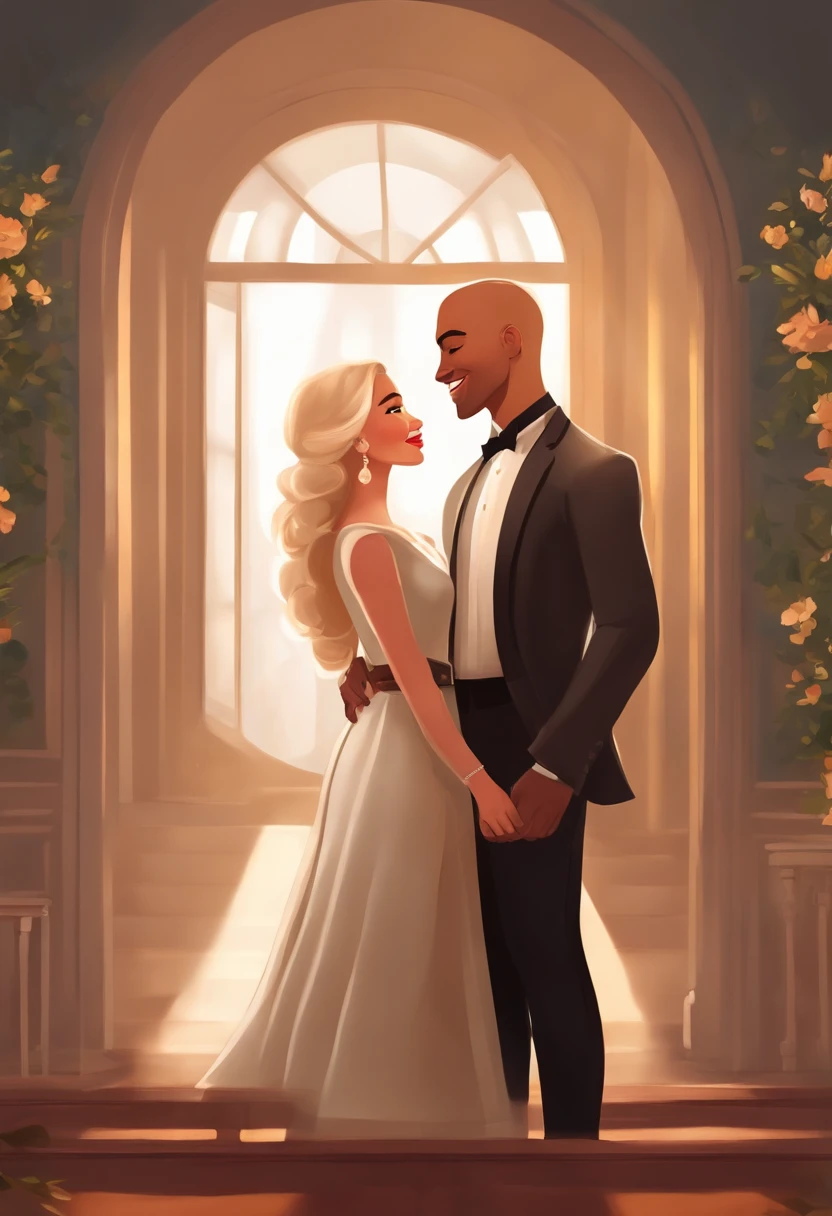 An illustration of an adorable couple, highlighting a man and a woman with beautiful, expressive eyes - the man's skin is brown and the man's hair is bald and black, while the woman's skin is white and the woman's hair is short and smooth and blonde. They are a bright room, each with a smile on their face, and sharing a special moment characterized by love, and educational insights. Illustrate this scene from a perspective where they are facing away from the camera, showing their connection. Develop this art in Full HD, Focus on your cinematic touch, Disney Pixar Animations Style