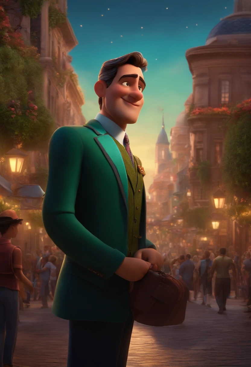 A city councilman looking at a dream project inspired by Pixar animation, de perto. The character takes center stage with captivating facial expressions, oferecendo um toque de irrealidade
