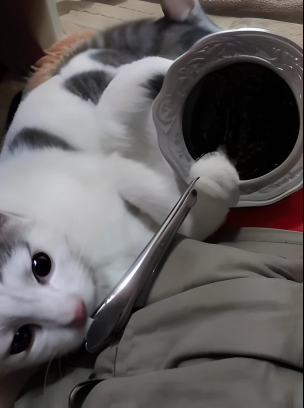 There's a cat that's lying with a spoon in its mouth, O gato prepara sopa, the cat is drinking tea, gato bebendo leite, colher colocada, there is full bedpan next to him, a cat sipping coffee, Comer gato, liquid cat, dinner is served, foto muito precisa, inspirado em Muggur, meme do reddit, ☕ em cima da mesa