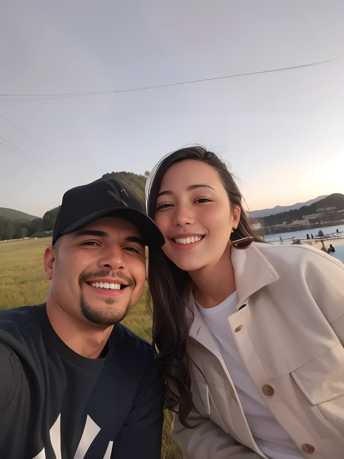 casal sorridente sentado em um banco em um campo com um lago ao fundo, com montanhas no fundo, com montanhas ao fundo, com montanhas como pano de fundo, Montanhas ao fundo, during sunset, Parque em segundo plano, Colinas ao fundo, montanha ao fundo, uma imagem, in the sunset, vacation photo, with sunset, Moutain no fundo, imagem de perfil