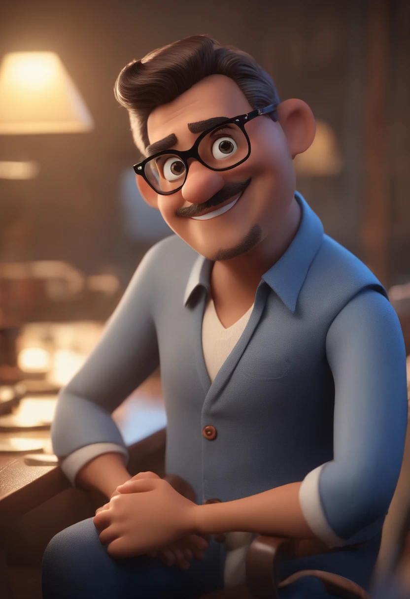 Cartoon character of a man with black glasses and a blue shirt, animation character, Caractere estilizado, animation style rendering, 3D estilizado, Arnold Maya render, 3 d render stylized, toon render keyshot, Personagem 3D, Personagem 3D, 3d rendering stylized, 3 d character render, personagem de desenho animado, Personagem de close up, Pose de personagem, (Estilo Pixar) (master part:1.2) (Bokeh) (best quality) (pele detalhada) (textura detalhada) (8k) (argila) (Cinematic lighting) (foco nítido