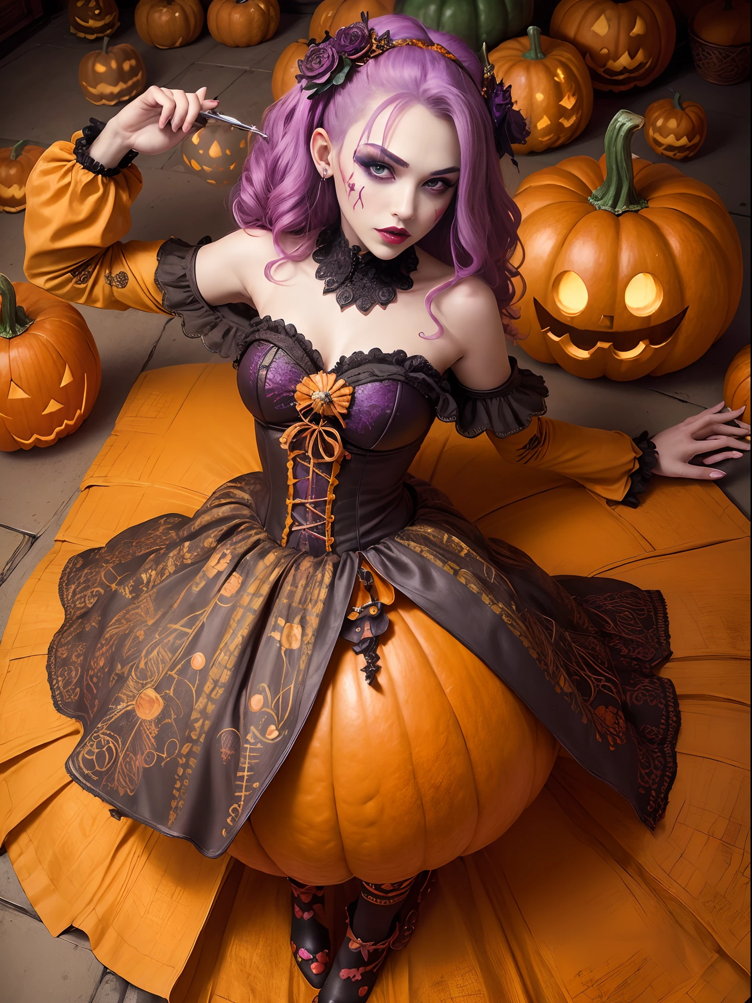 (masterpiece, top quality, best quality, official art, beautiful and aesthetic:1.8), (1girl:1.3), extremely detailed, (colorful:1.2), (20 years old), ((lots of halloween pumpkins around)), highest detailed,(zentangle:1.5), full body, (cloud halloween background), (shiny skin), (lots of halloween pumpkins), (super detailed anatomi), (super detailed face), (Halloween theme), (pumpkin skin skirt), (pumpkin skin), (pumpkin skin clothes), (into the big pumpkin), (scary joker beauty makeover), ((most unique costume)), (dark lighting),