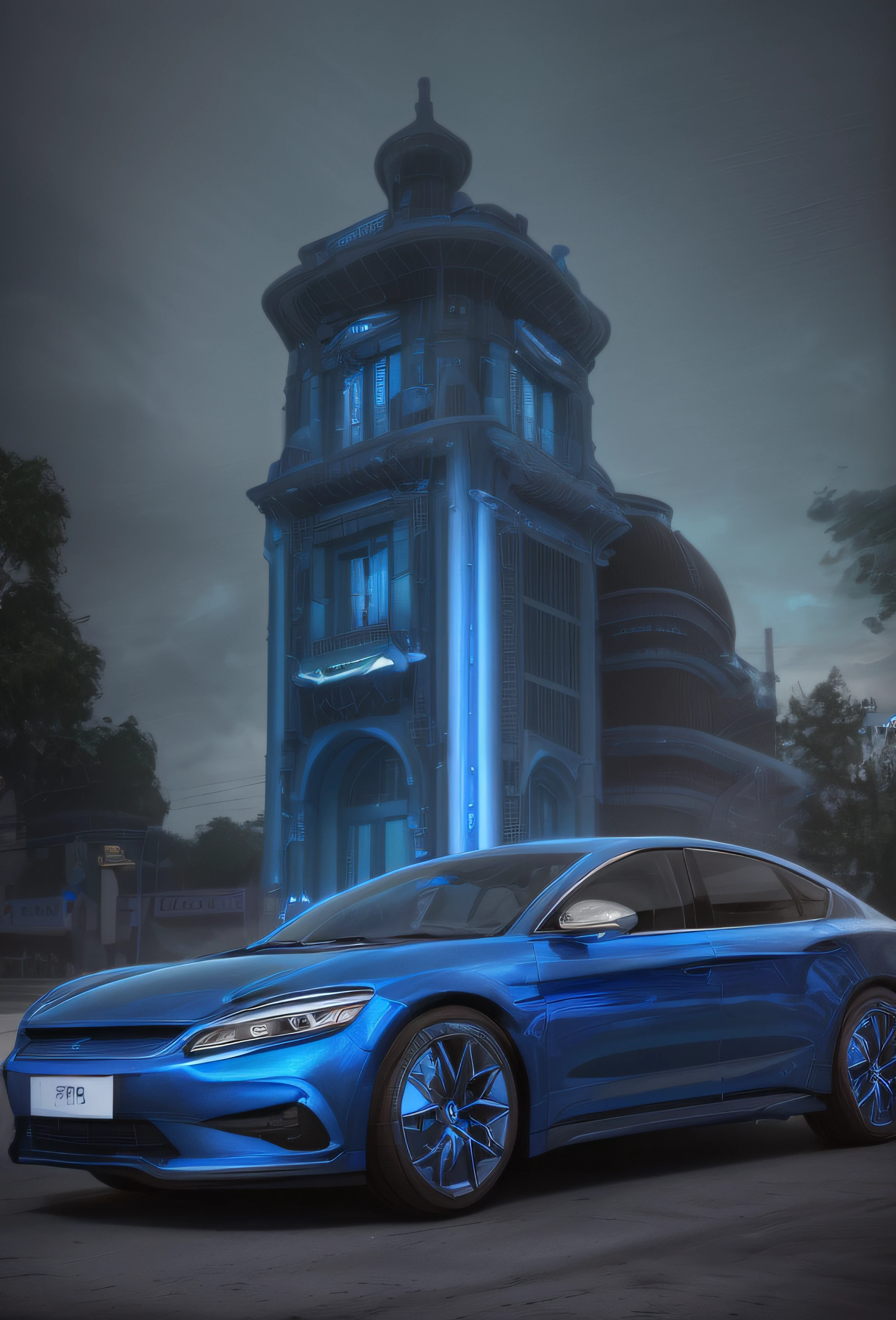 Close-up of a blue car parked in front of a building,BYD Han, 3 d rendered, futuristic product car shot, vehicle concept photo, hyperreal rendering, photorender, photographic render,, 3 d hyper realistic render, Realistic painting, exterior misterioso, CG rendering, Art Nouveau rendering, hdr render,The sky is transparent，Brilliant and abundant