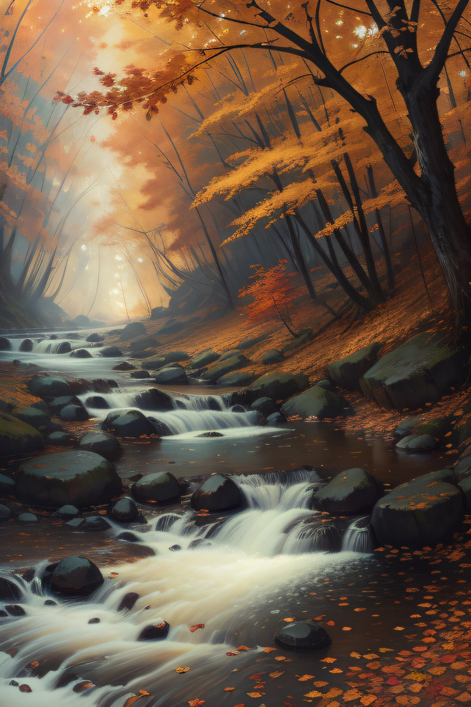 fall foliage, Ultra detailed, Masterpiece, River, Anti-aliasing, finedetail, the wallpaper, Natural lighting, In Jeremy Mann's style