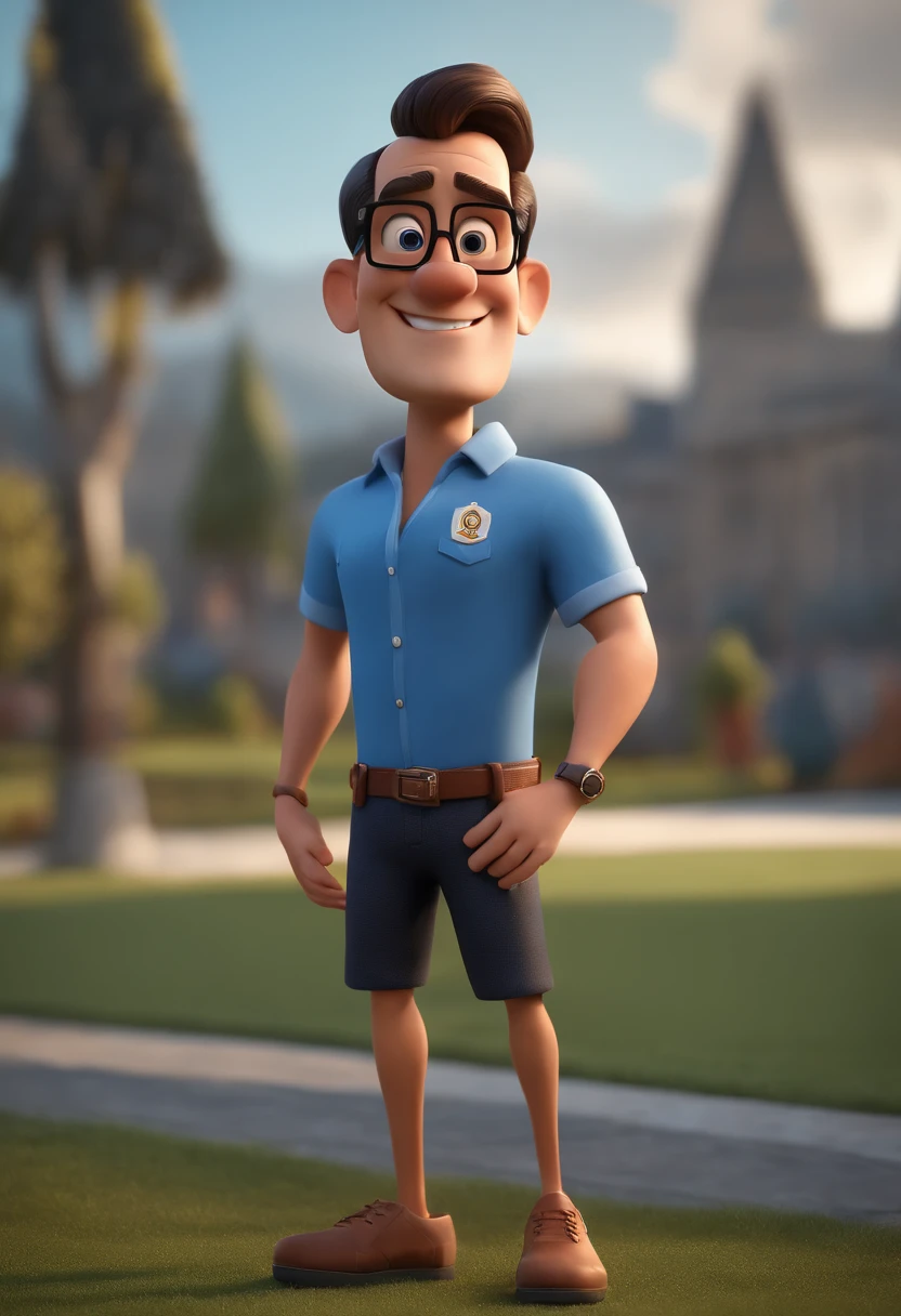 Cartoon character of a man with black glasses and a blue shirt, animation character, Caractere estilizado, animation style rendering, 3D estilizado, Arnold Maya render, 3 d render stylized, toon render keyshot, Personagem 3D, Personagem 3D, 3d rendering stylized, 3 d character render, personagem de desenho animado, Personagem de close up, Pose de personagem, (Estilo Pixar) (master part:1.2) (Bokeh) (best quality) (pele detalhada) (textura detalhada) (8k) (argila) (Cinematic lighting) (foco nítido