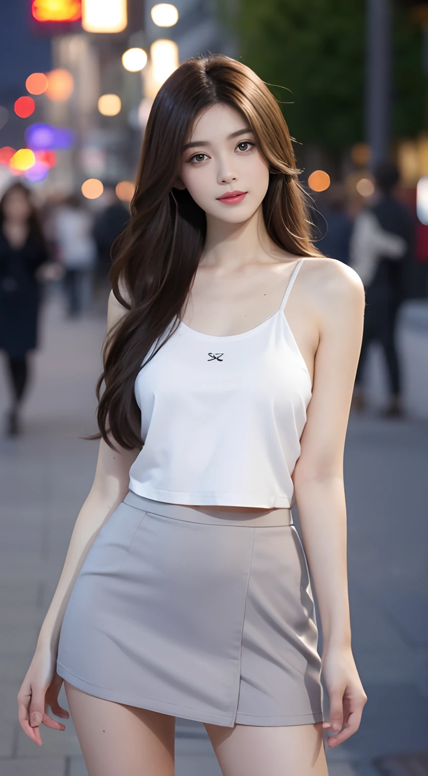 8k, masterpiece, RAW photo, best quality, photorealistic, extremely detailed CG unity 8k wallpaper, Depth of field, Cinematic Light, Lens Flare, Ray tracing, (extremely beautiful face, beautiful lips, beautiful eyes), intricate detail face, ((ultra detailed skin)) 1girl, in the dark, deep shadow, pretty korean girl, kpop idol, 1 girl, (very slim slender fit-muscled body:1.3), ((looking at viewer)),(big smile:1.3), (tight mini dress), (sleeveless) , (fashion city night, dark night, (neon sign), (blurred background), fashion street night),(without people in the background:1.3), beautiful earrings, bracelets, necklace, pantyhose, clear eyes, walking , front shot, (pale skin), (big eyes), face forward, ((upper body shot)), ((silk white color skirt:1.3)),(brown hairs),((tight fitting laced skirt)), (laced panty), (see through), (looking at viewer:1.3) open breast, very slim, long legs, medium breasts, hermes bag ,camel toe, vulva shaped:1.25