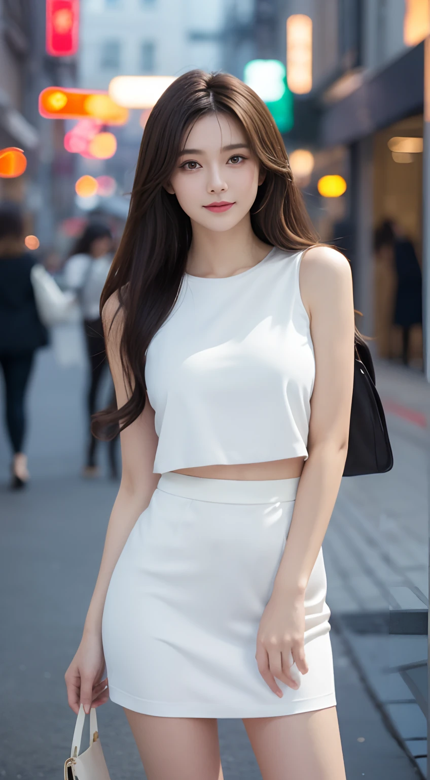 ((Realistic lighting, Best quality, 8K, Masterpiece: 1.3)), Focus: 1.2, 1girl, Perfect Figure: 1.4, Slim Abs: 1.1, ((Dark brown hair)), (White dress: 1.4), (Outdoor, Night: 1.1), City streets, Super fine face, Fine eyes, Double eyelids,