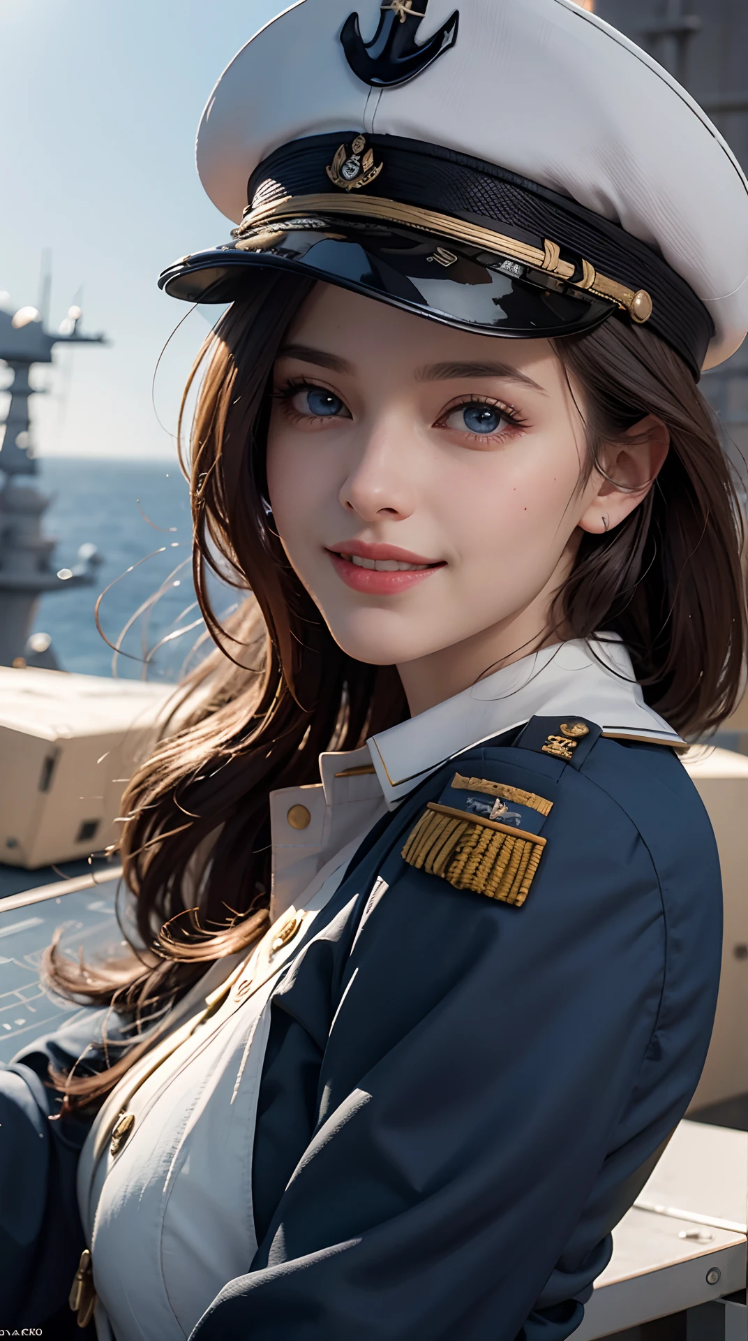 Woman on a boat, white blazer, sailor hat, sexy and big breasts, fireworks