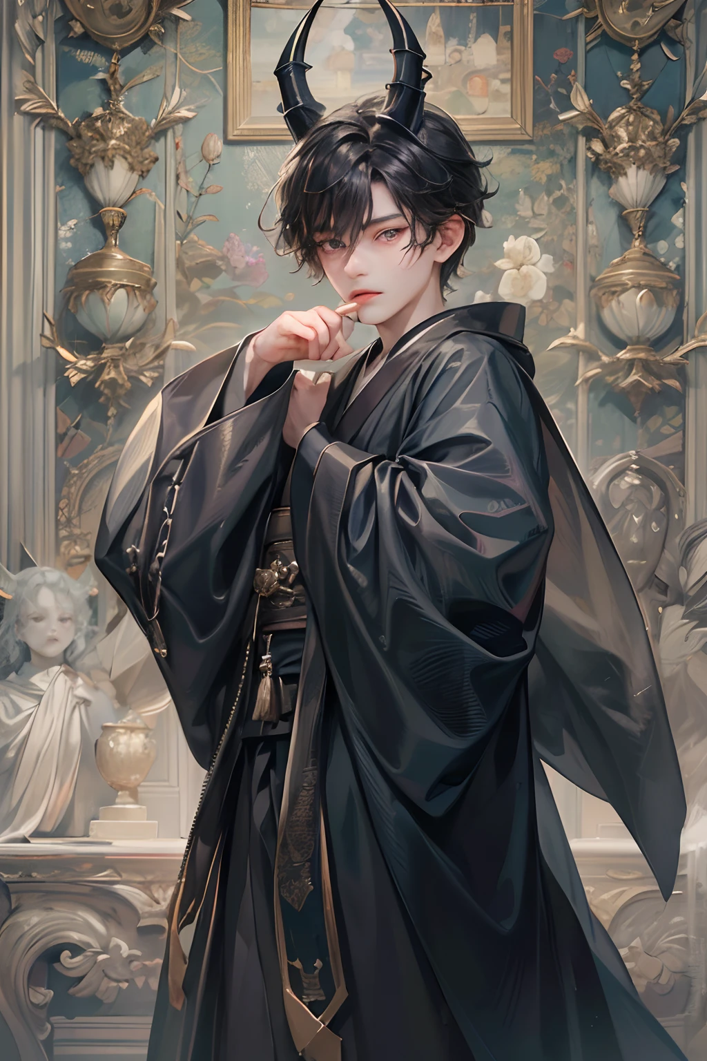 (absurdres, highres, ultra detailed, HDR), masterpiece, best quality, 1  , 12 years oack hair, handsome face, wearing simple black long robe, anime eyes, simple background, detailed face, floating horns