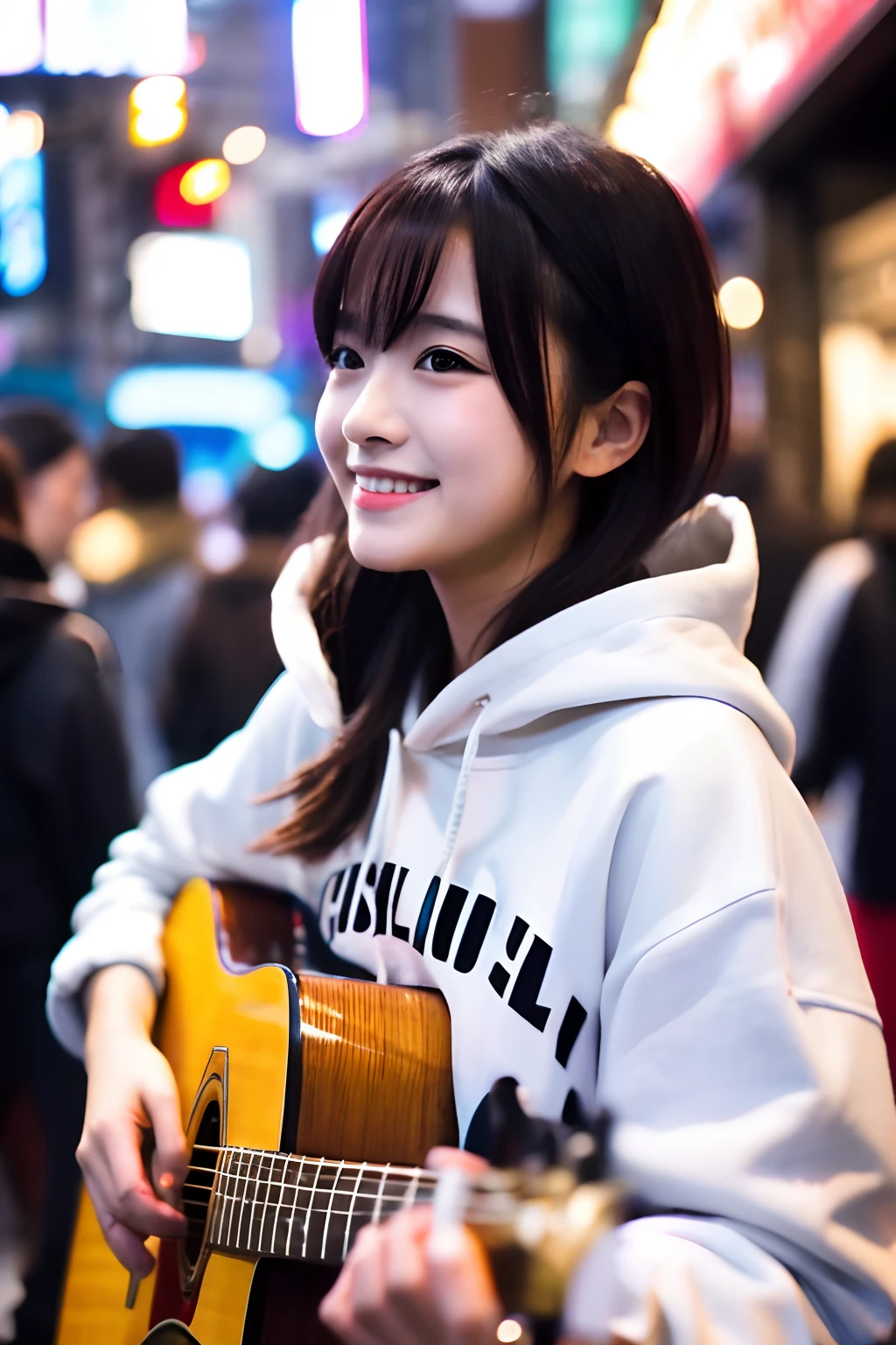 1人、japanes、Natural makeup、Hairstyle is wolf cut、Playing the guitar and talking、On the streets of Shinjuku、The upper part of the body、a closeup、Bust B cup、Wearing a hoodie、Singing with a sad smile、