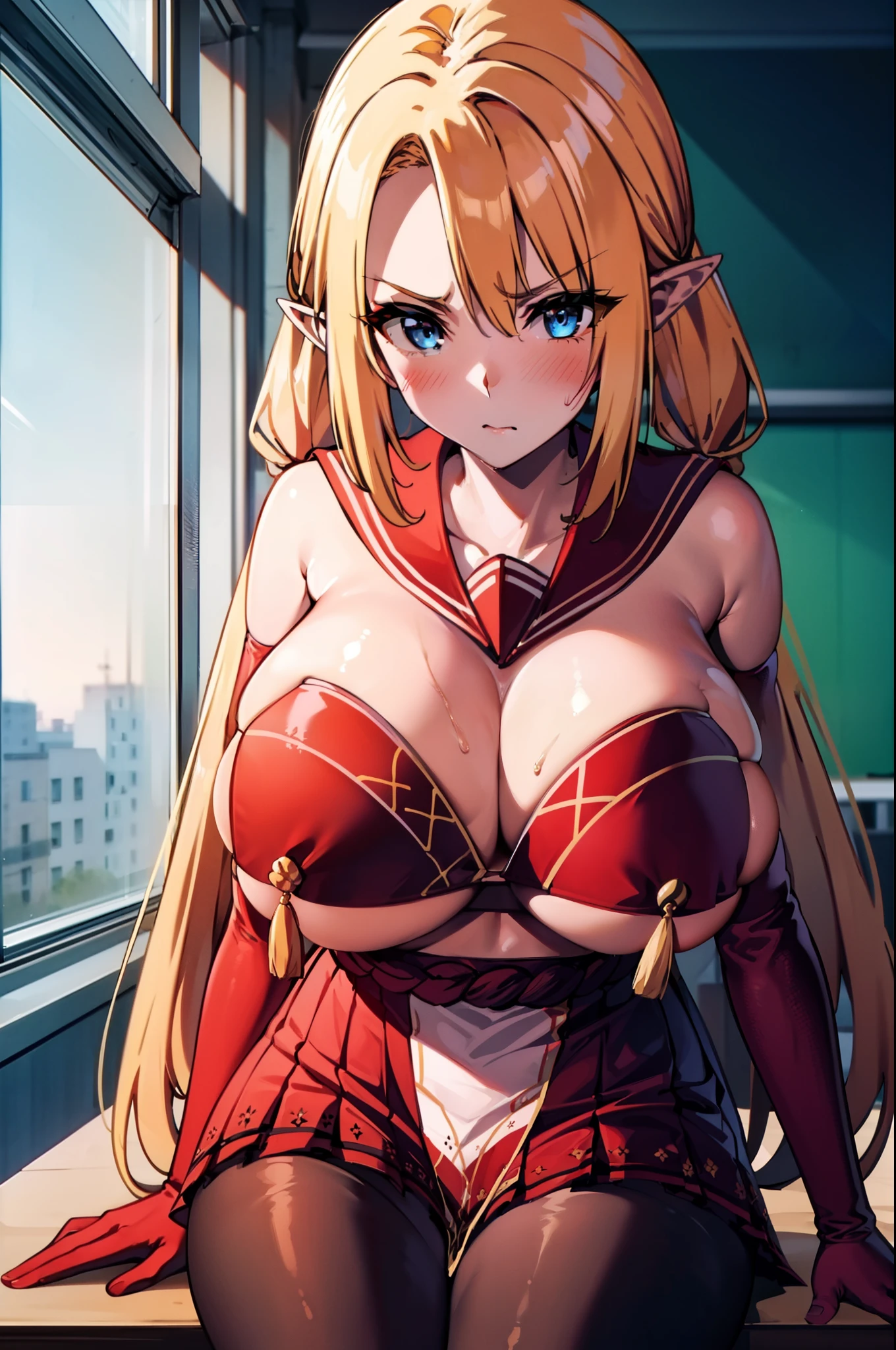 masterpiece, best quality, extremely detailed, 1girl, mature female, solo, ChopioAlpha, (huge breasts:1.2), ((blonde hair, long hair, twintails, blue eyes, pointy ears)), parted lips, ((outfit-tsubaki, red sailor collar, breast curtain, elbow gloves, red gloves, red skirt, black pantyhose)), ((blush, angry), closed mouth), ((sitting on the table, classroom))