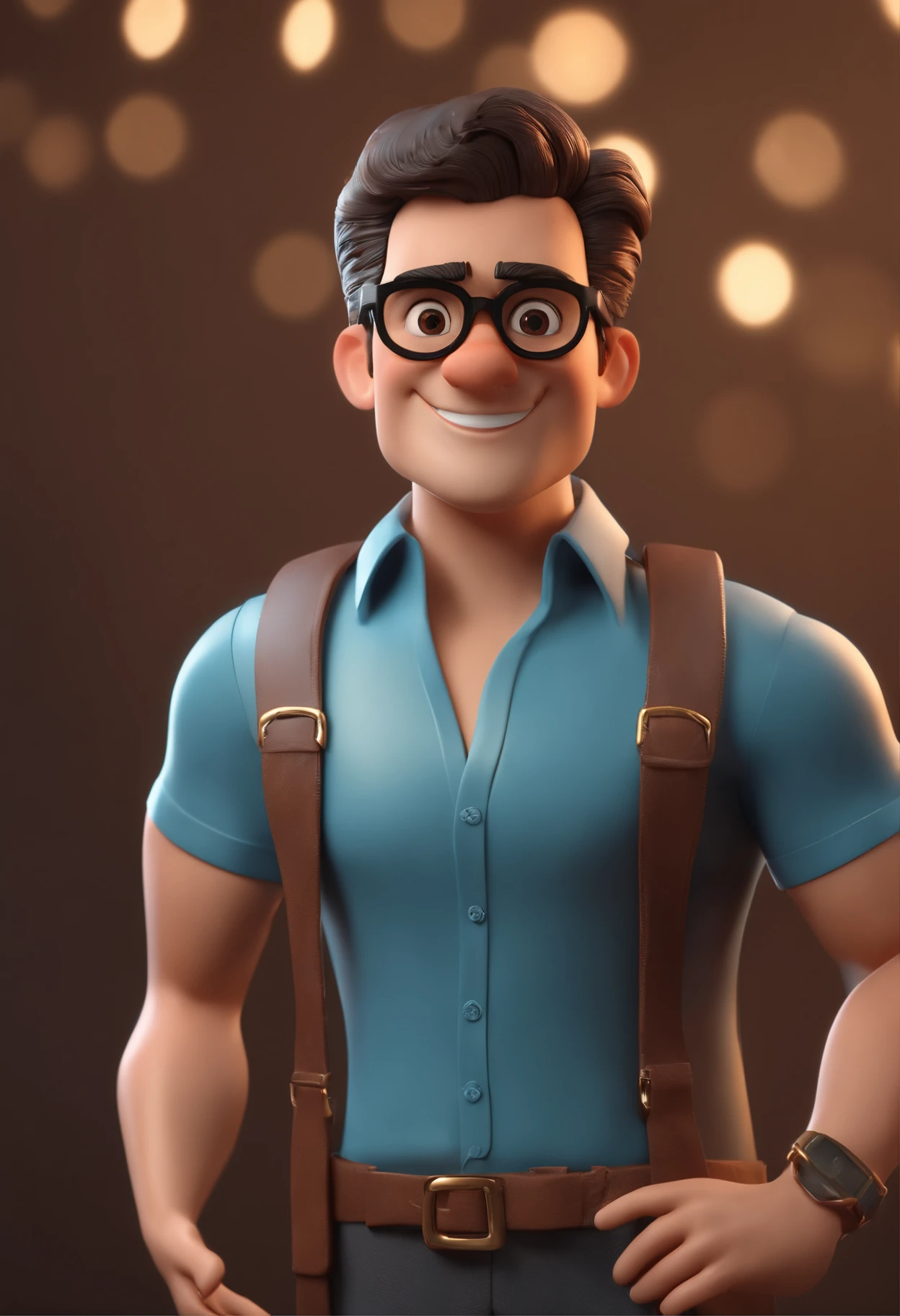 Cartoon character of a man wearing black glasses and a blue shirt, um personagem animado, Caractere estilizado, animation style rendering, 3D estilizado, Arnold Maya render, 3 d render stylized, toon render keyshot, Personagem 3D, Personagem 3D, 3d rendering stylized, 3 d character render, personagem de desenho animado, Personagem de close up, Pose de personagem, (Estilo Pixar) (master part:1.2) (Bokeh) (best quality) (pele detalhada) (textura detalhada) (8k) (argila) (Cinematic lighting) (foco nítido，Senta e vaza a parte superior do corpo