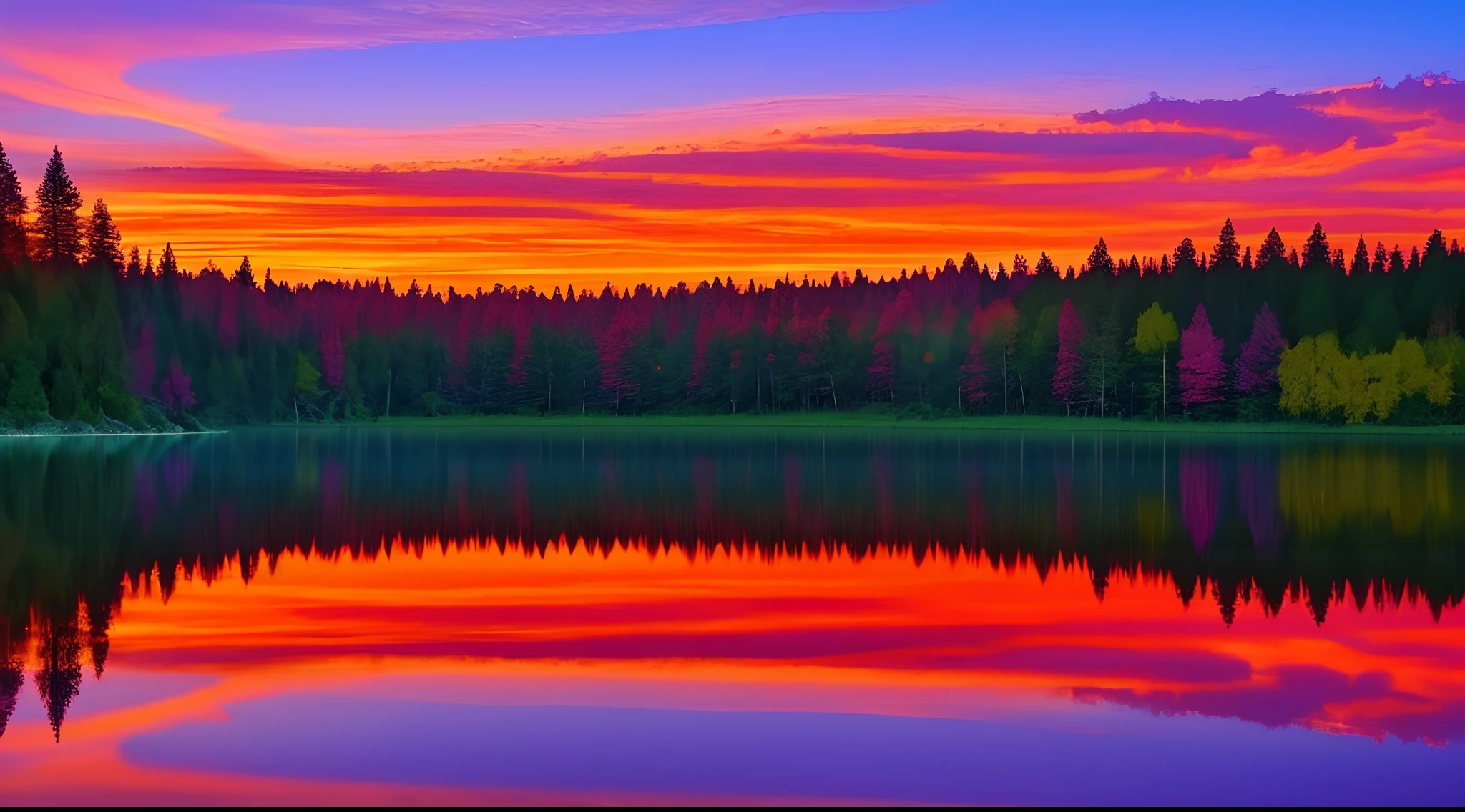 there is a beautiful sunset with a lake and trees in the background, colorful skies, surreal colors, colorful sunset, colorful sky, marvellous reflection of the sky, stunning sky, dream like atmosphere 8k, colorful clouds, colors reflecting on lake, surreal sky, red and blue reflections, fire reflection, beautiful sky, beautiful and spectacular dusk, beautiful dreamy landscape, amazing sky