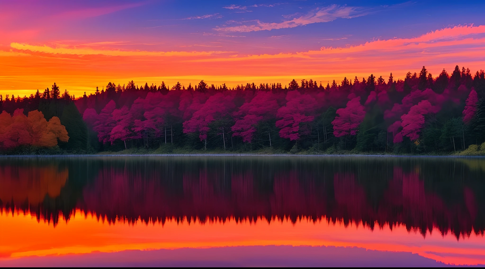 there is a beautiful sunset with a lake and trees in the background, colorful skies, surreal colors, colorful sunset, colorful sky, marvellous reflection of the sky, stunning sky, dream like atmosphere 8k, colorful clouds, colors reflecting on lake, surreal sky, red and blue reflections, fire reflection, beautiful sky, beautiful and spectacular dusk, beautiful dreamy landscape, amazing sky