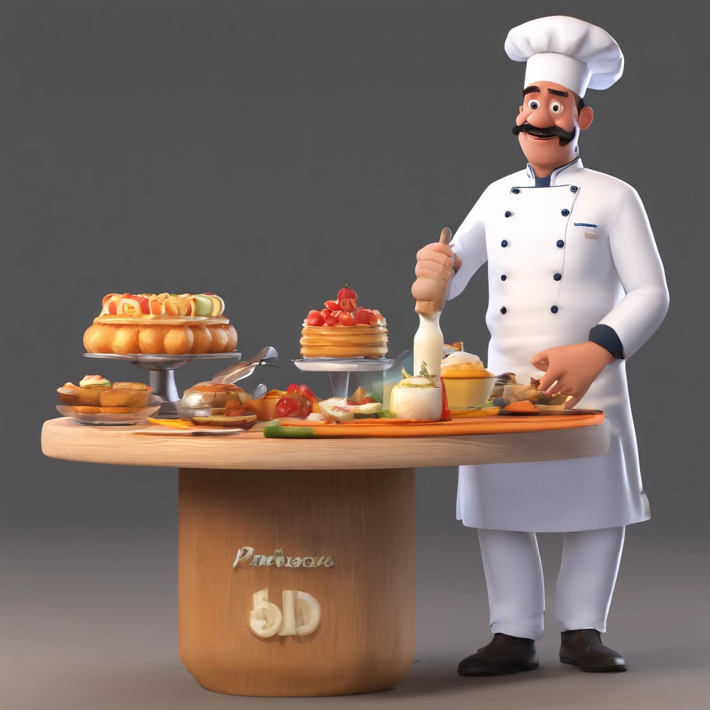 Crie uma cena de desenho animado estilo 3d -Pixar, Onde um homem, de cabelos curtos pretos com 35 anos de idade, he's cooking dressed as a pastry chef. Delicioso pudim caramelo