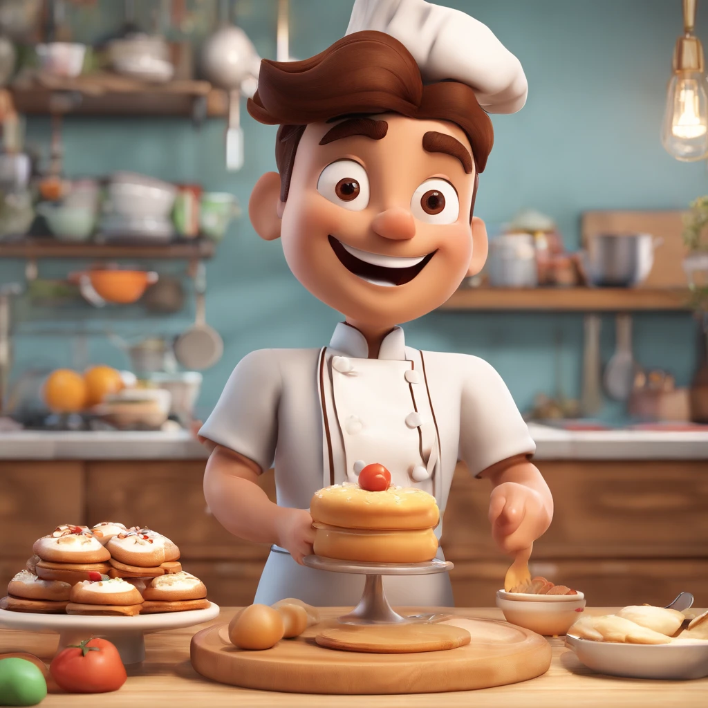 Crie uma cena de desenho animado estilo 3d -Pixar, Onde um homem, de cabelos curtos pretos com 35 anos de idade, he's cooking dressed as a pastry chef. Delicioso pudim caramelo