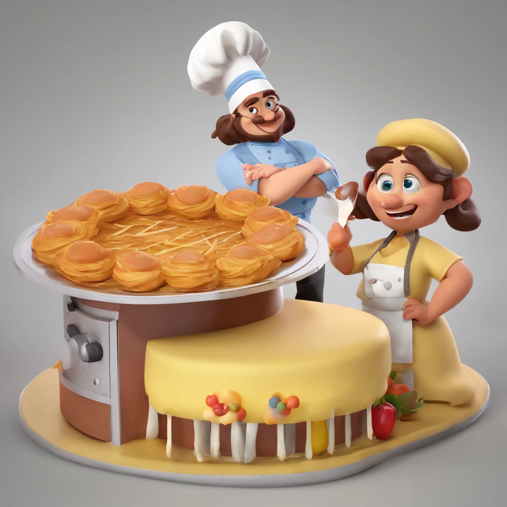 Crie uma cena de desenho animado  estilo 3d -Pixar, Onde um homem, de cabelos curtos pretos com 35 anos de idade, he's cooking dressed as a pastry chef. Delicioso pudim caramelo