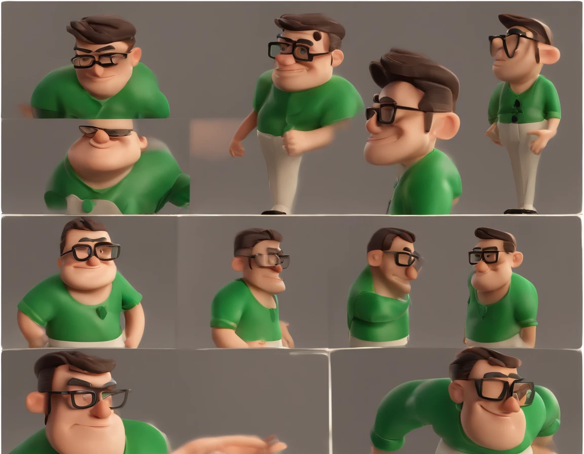 Cartoon character of a man with black glasses and a green shirt, animation character, Caractere estilizado, animation style rendering, 3D estilizado, Arnold Maya render, 3 d render stylized, toon render keyshot, Personagem 3D, Personagem 3D, 3d rendering stylized, 3 d character render, personagem de desenho animado, Personagem de close up, Pose de personagem, (master part:1.2) (Bokeh) (best quality) (pele detalhada) (textura detalhada) (8k) (argila) (Cinematic lighting) (foco nítido