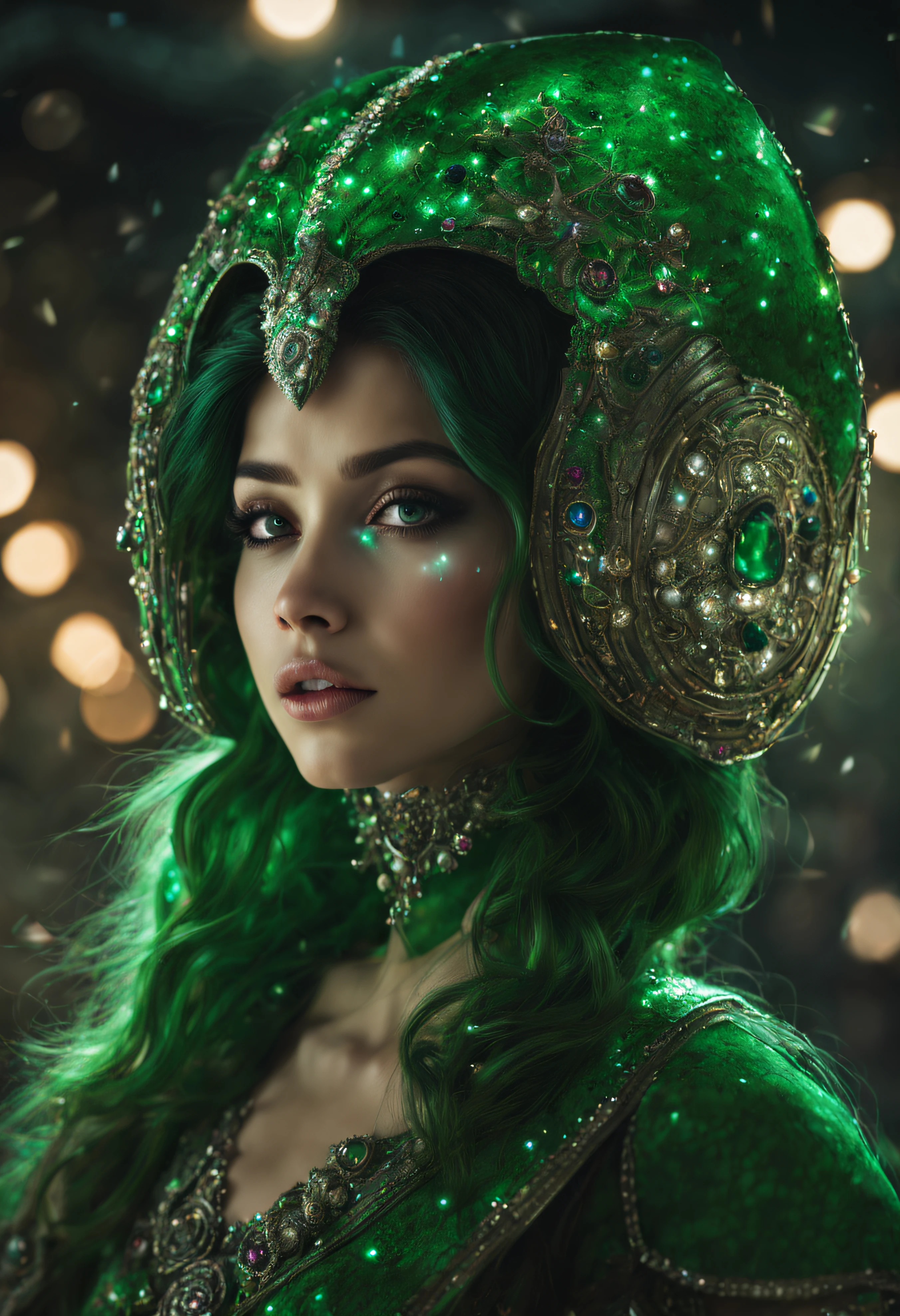 Shin Hati , considerada como una de las razas mas bellas de la galaxia, con una cara, ojos verdes y labios sensuales, con vestido de noche , con incrustaciones de plata, piedras preciosas y diamantes, (se encuentra en centro de control de estacion espacial). hiperrealista, imagen nitida, 8k. imagen cinematografica.