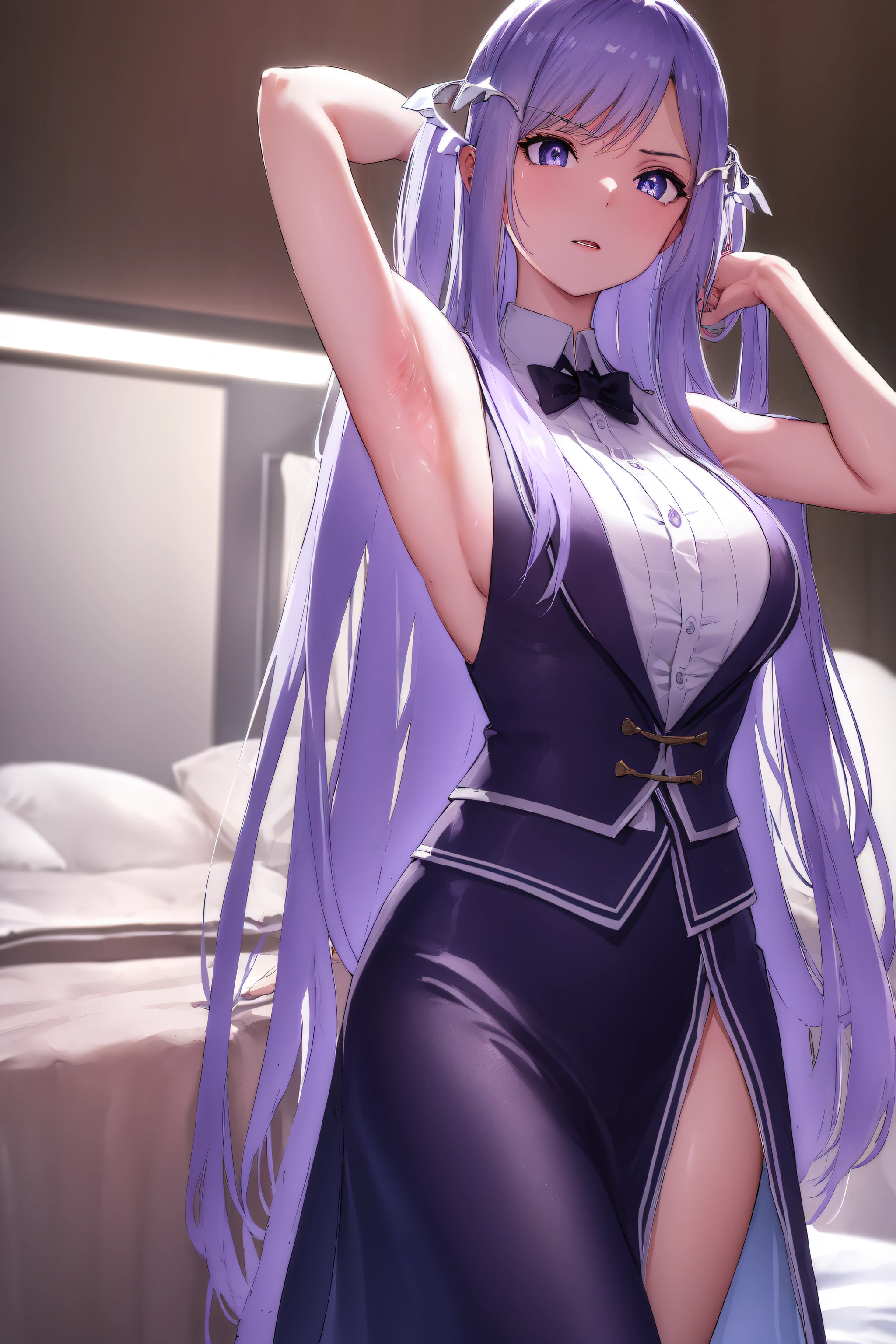 quinella, quinella, absurdly long hair, (purple eyes:1.1), long hair, parted bangs, purple hair, very long hair, hair ornament,medium breast,
BREAK black bowtie, white shirt, sleeveless, off shoulder, grey cardigan, open clothes, sleeves past wrists, black skirt, suspender skirt, thigh strap,
BREAK indoors, bed,
BREAK looking at viewer, (cowboy shot:1.5),armpits,arm up, (angry), pov, 
BREAK (masterpiece:1.2), best quality, high resolution,NSW ,unity 8k wallpaper, (illustration:0.8), (beautiful detailed eyes:1.6), extremely detailed face, perfect lighting, extremely detailed CG, (perfect hands, perfect anatomy),