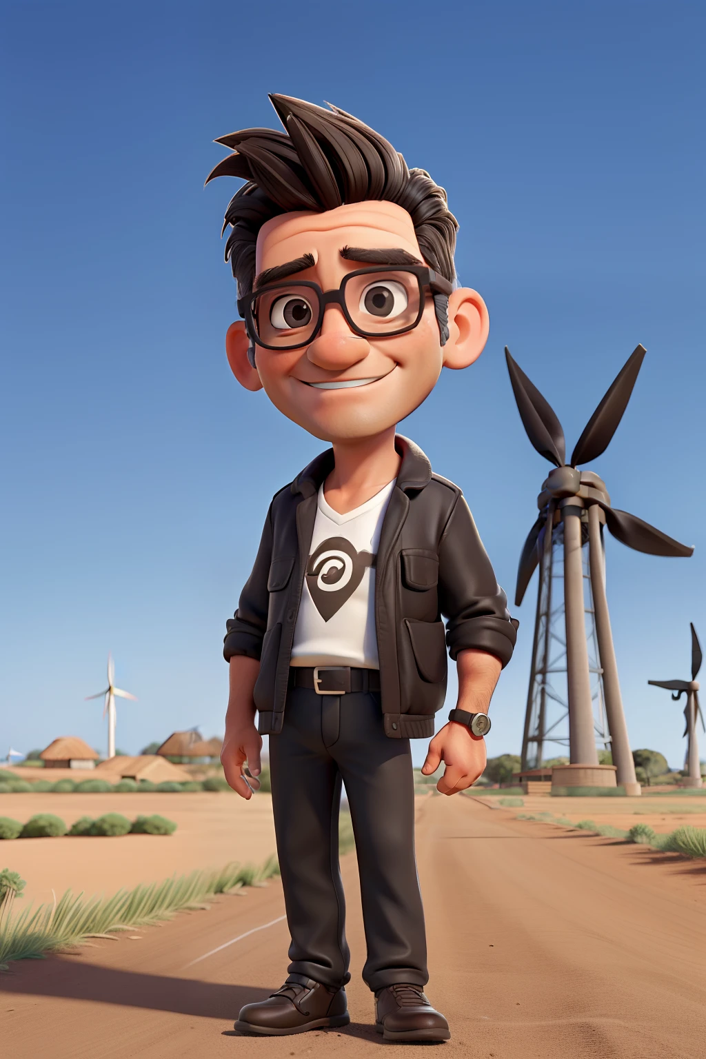 A 49-year-old man with a youthful appearance, cabelo preto com um topete, Wear thin, inconspicuous glasses, cavanhaque curto, In the middle of a wind farm