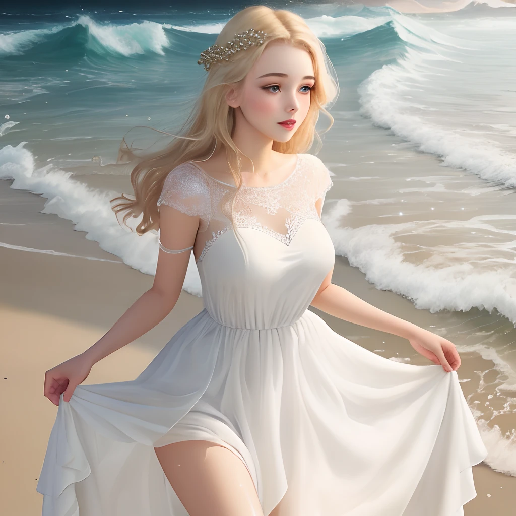 young woman blonde sparkly sea beautiful pure white dress